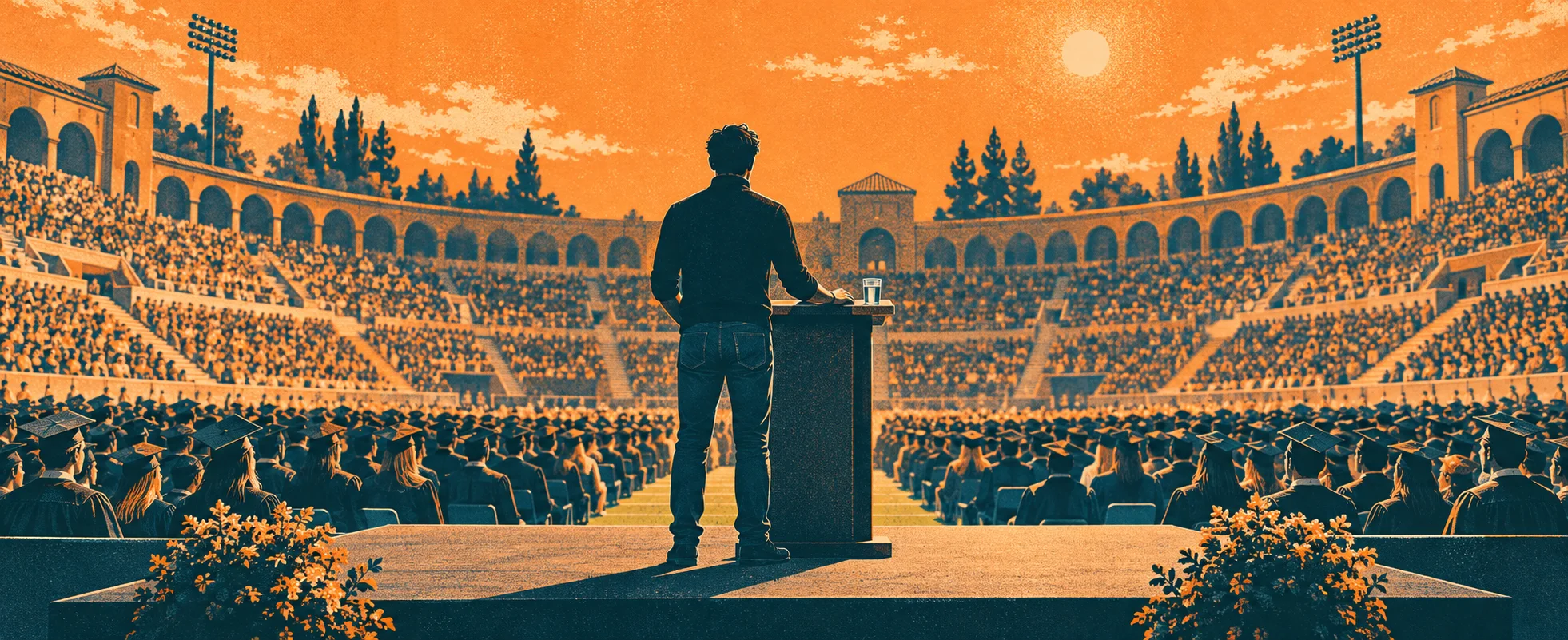 A man in a dark turtleneck and jeans stands at a lectern before a packed stadium of graduates in caps and gowns.