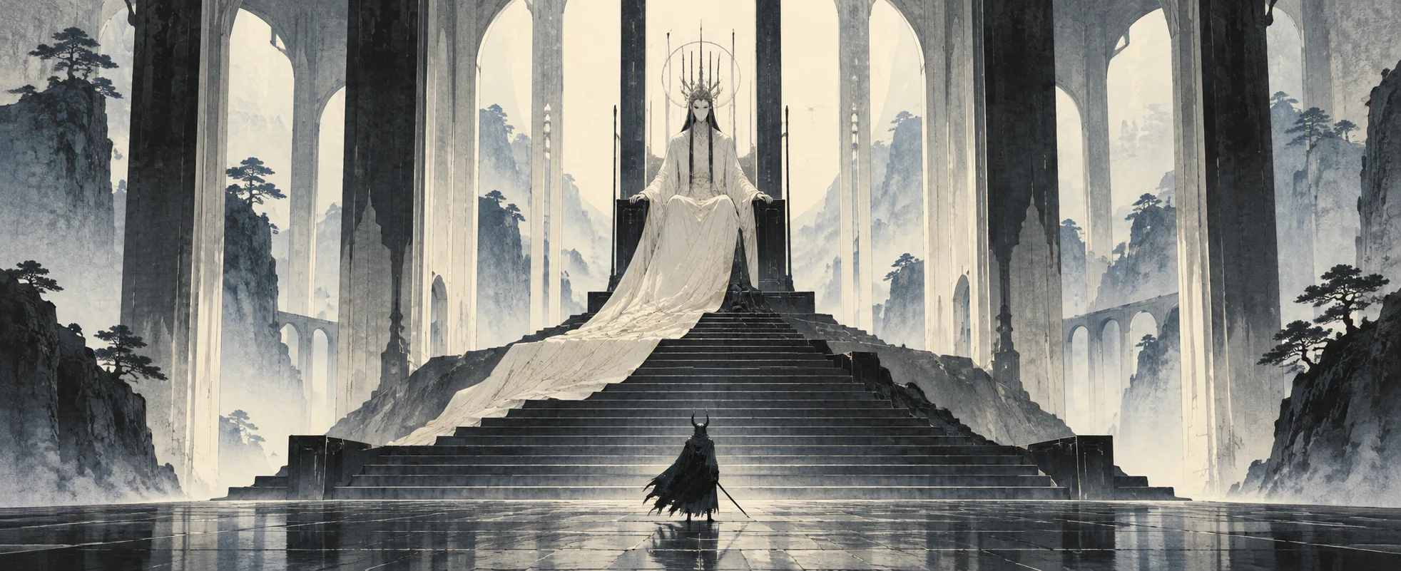 A small horned knight stands at the foot of a white throne where a pale king sits in a vast hall.