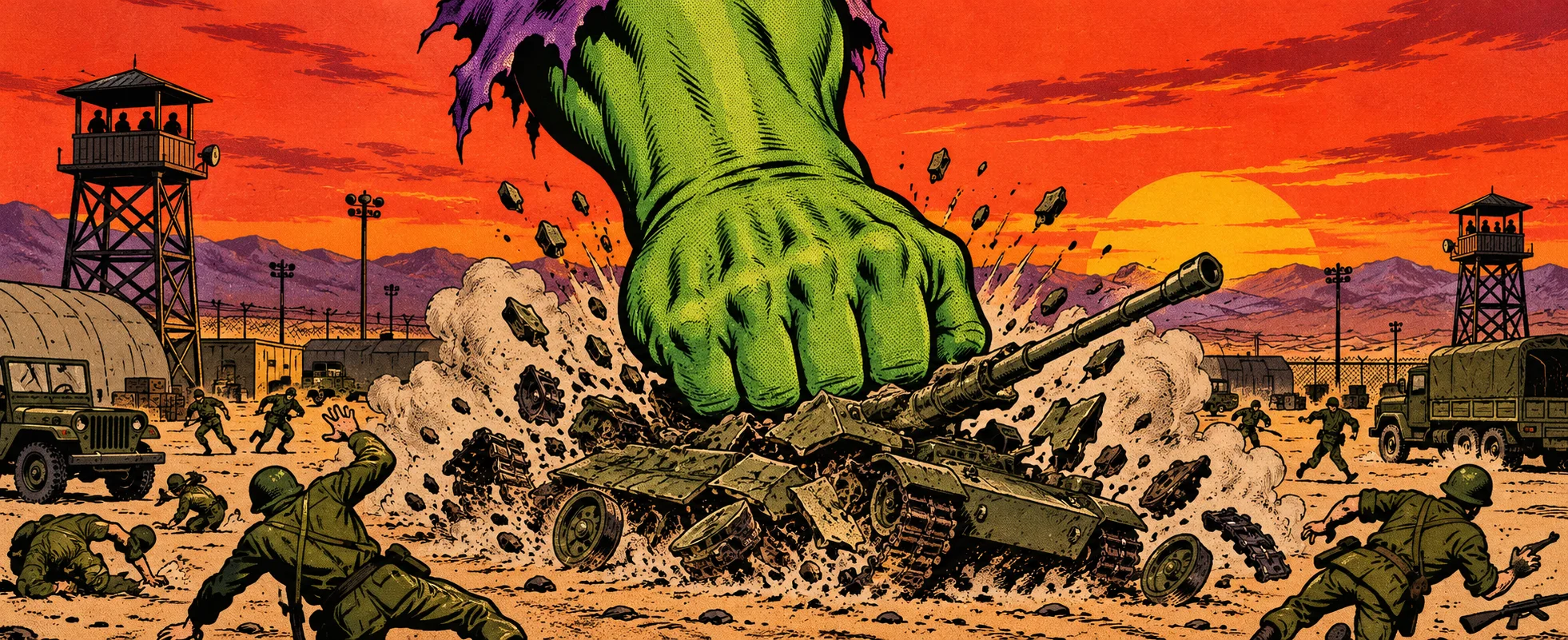 Silver Age comic illustration: a giant green fist with a torn purple cuff smashes down onto an army tank at a desert base, soldiers scattering beneath a blazing orange sky.