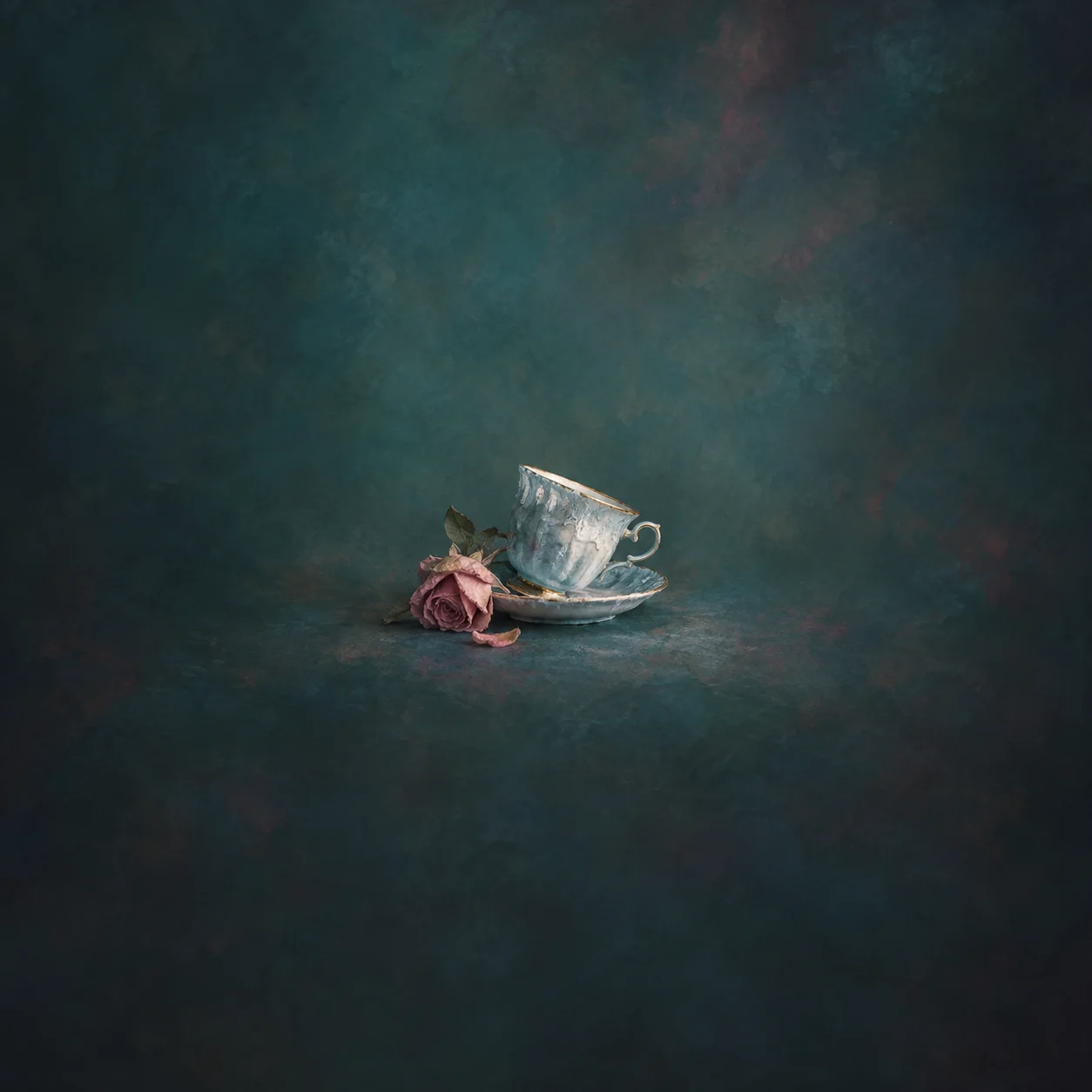 A pale blue teacup tilted on a saucer beside a wilted pink rose against a dark teal background.