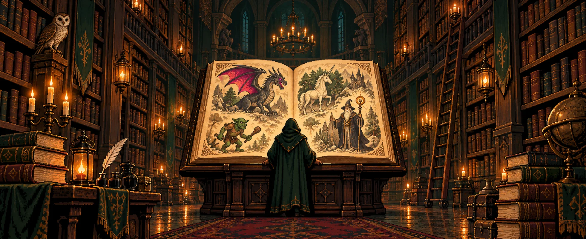 A small hooded reader stands at a lectern before an enormous open book of dragons, unicorns and wizards in a vast candlelit library.
