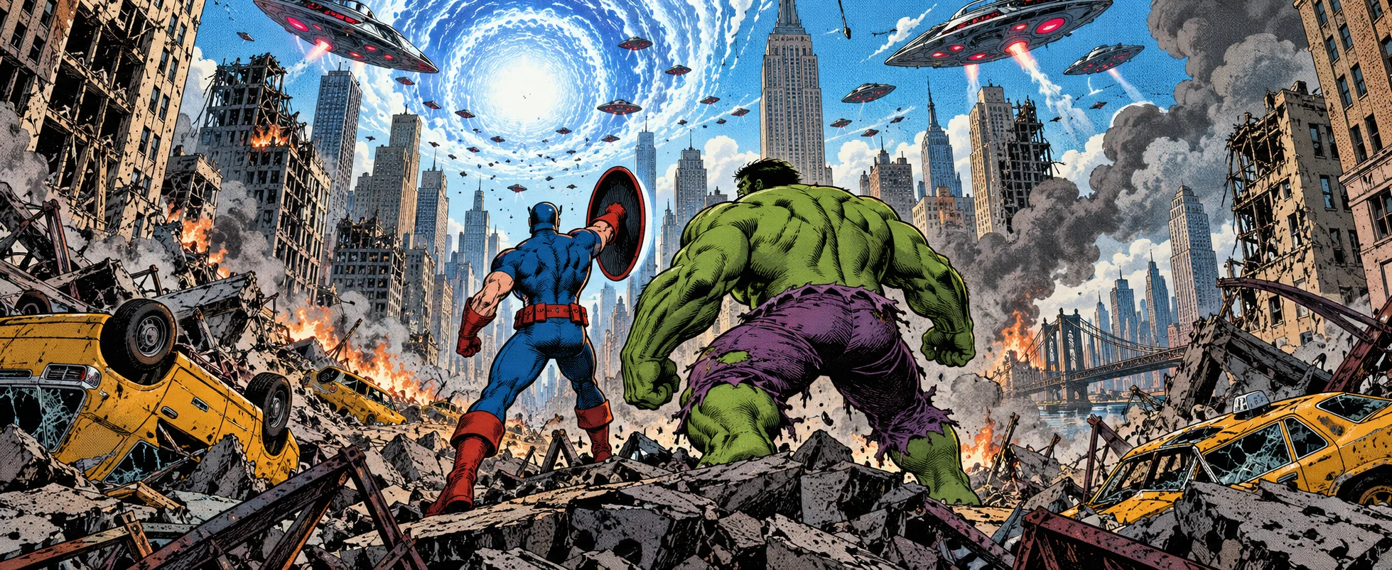 Comic-book panel: a shield-bearing hero and a green giant stand in the ruins of New York under a portal full of alien ships.