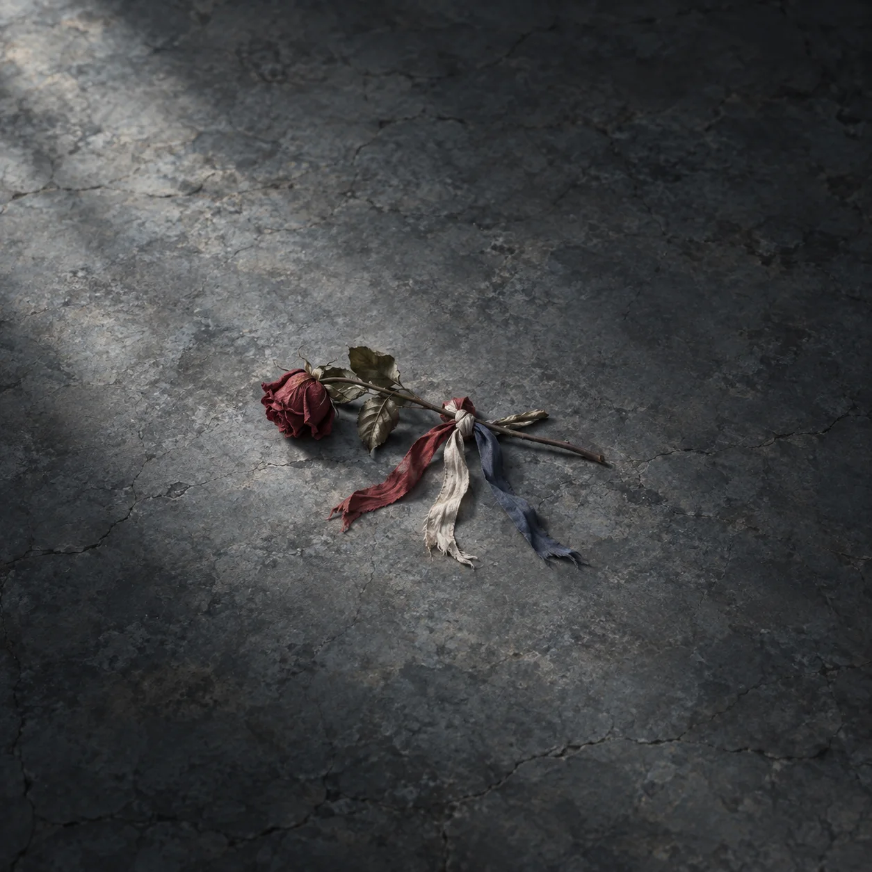 Painterly wilted rose tied with faded red, white and blue ribbons on cracked stone.