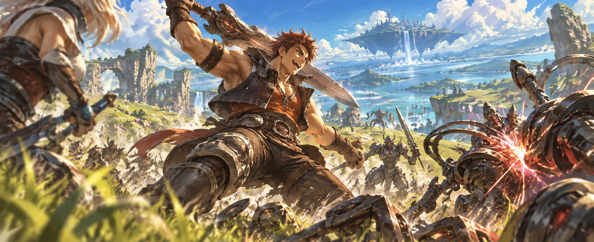 A grinning brawler swings a heavy blade as he charges into a gang of mechanical enemies.