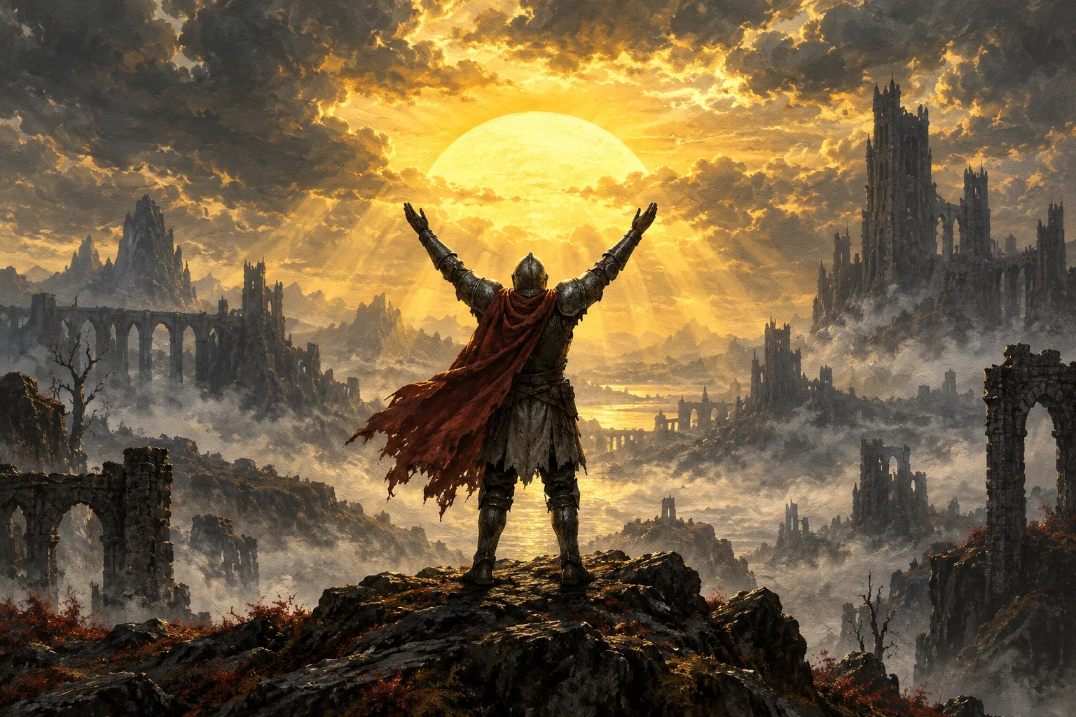 An armoured knight raises both arms towards a golden sun above misty ruined towers.