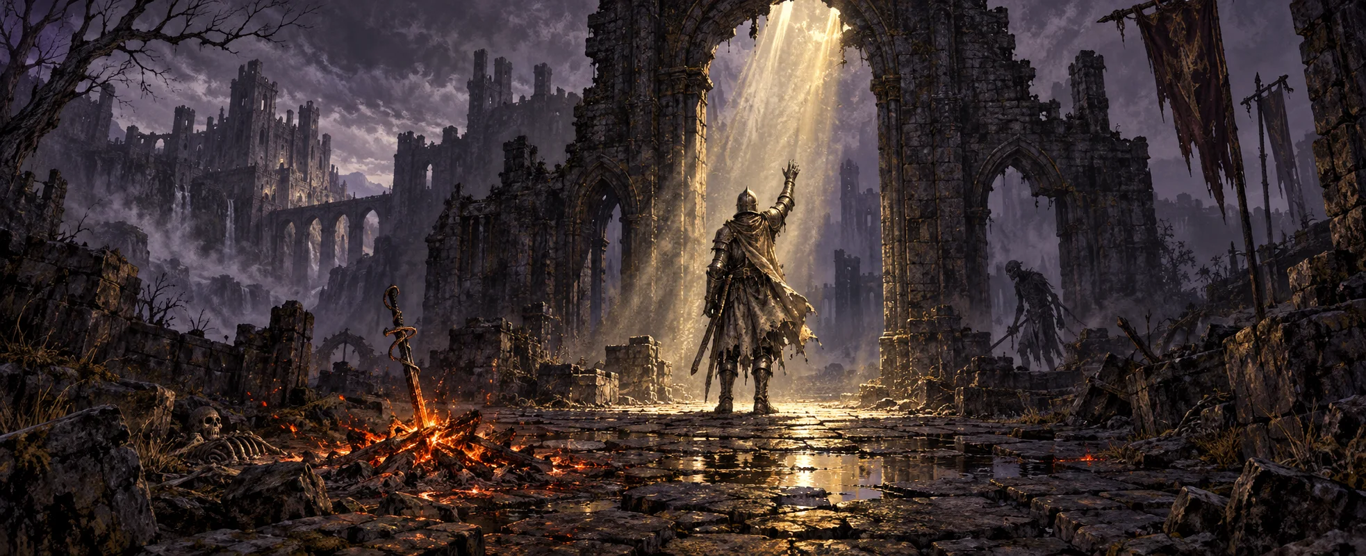 A knight in sun-bleached armour raises his arms toward a shaft of sunlight breaking through a ruined archway.