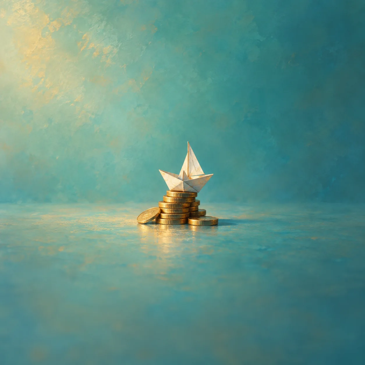 A small paper boat rests on a stack of gold-colored coins against turquoise.