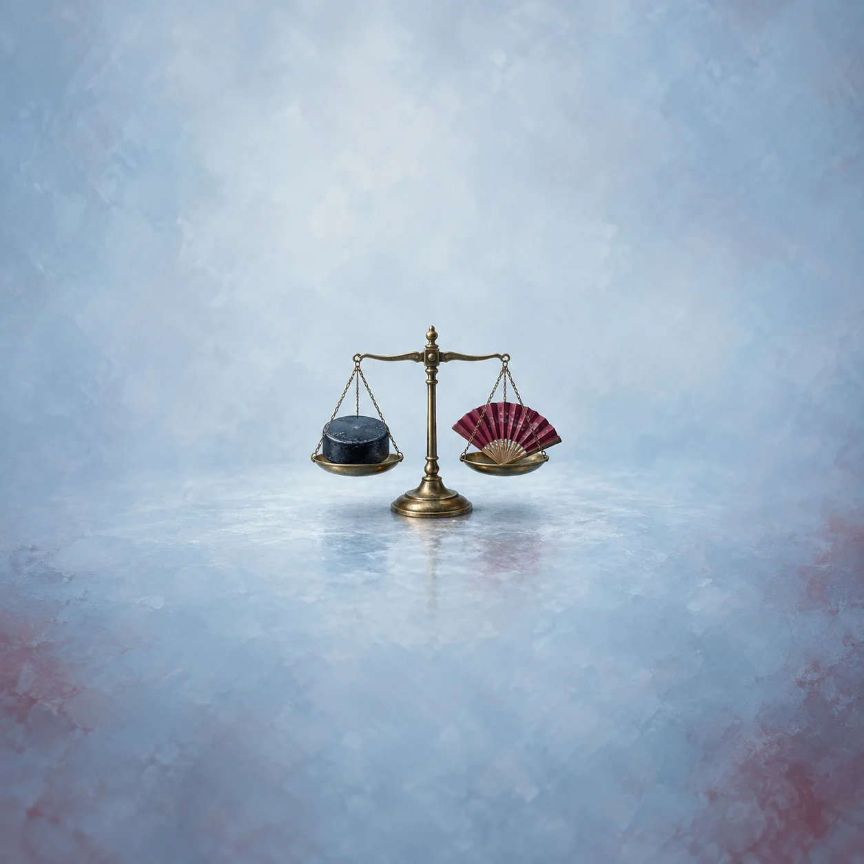 A brass balance holds a black hockey puck in one pan and an open burgundy folding fan in the other on a pale-blue surface.