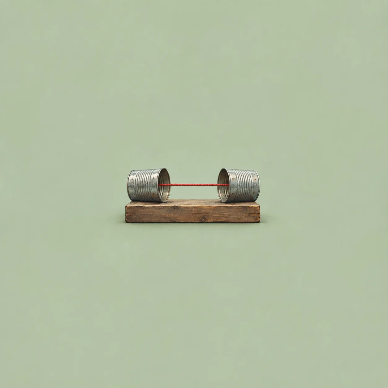 Two tin cans face each other, joined by taut red thread above a small wooden block against sage green.