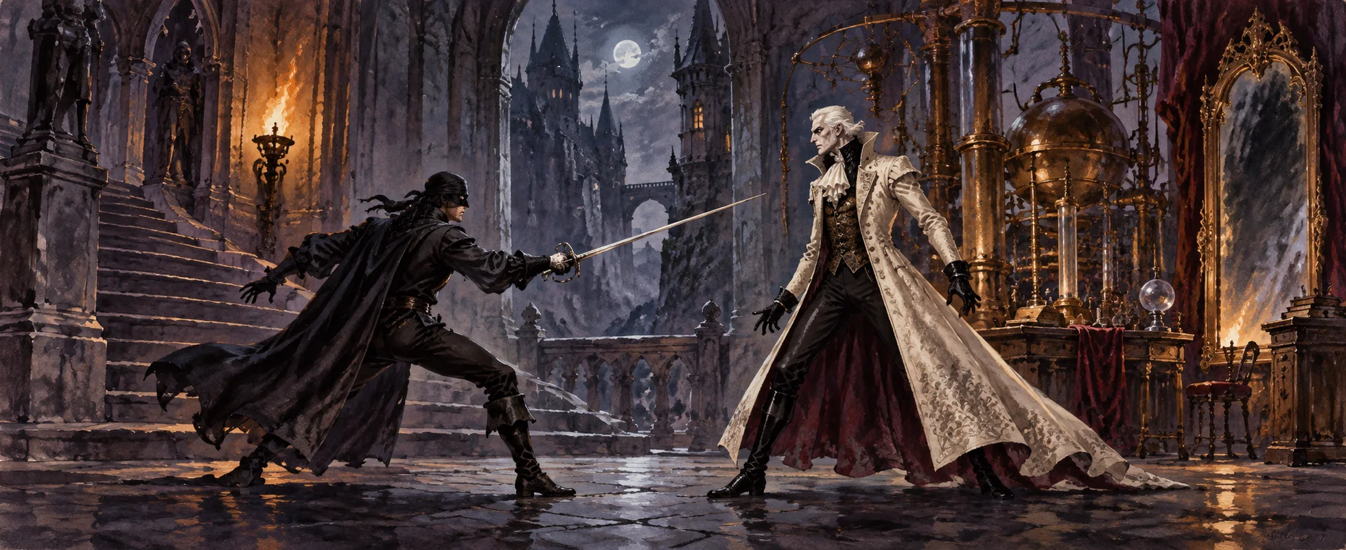 A swordsman in black lunges at a count in a pale embroidered coat in a dark castle chamber full of machinery.