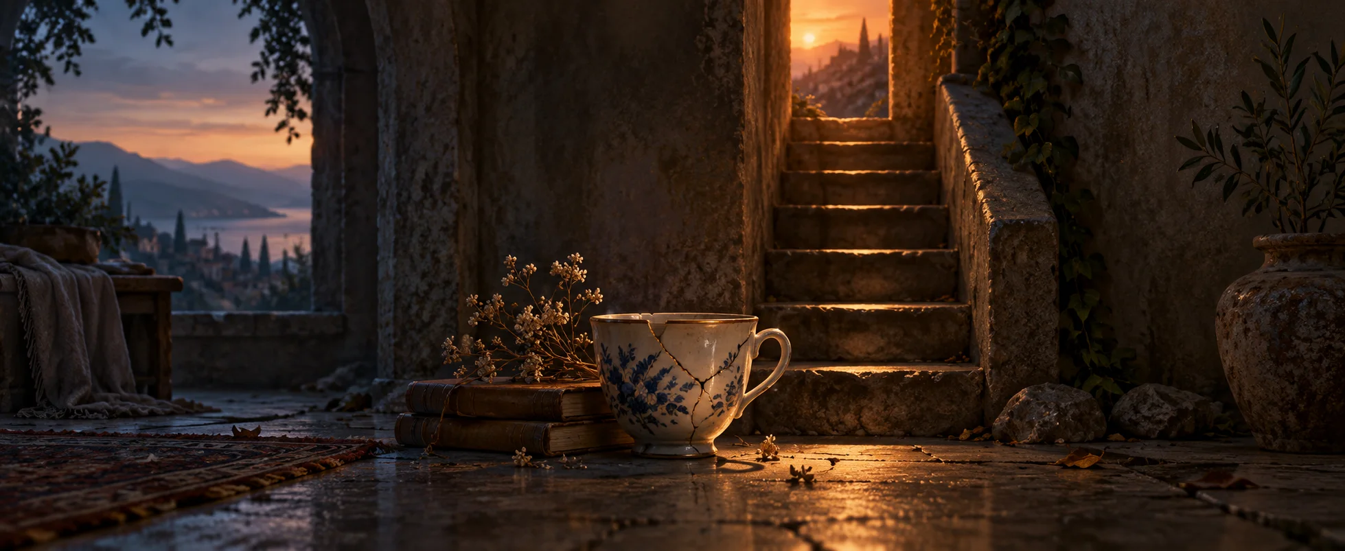 A patterned porcelain cup rests beside a narrow staircase leading toward a warm orange glow.