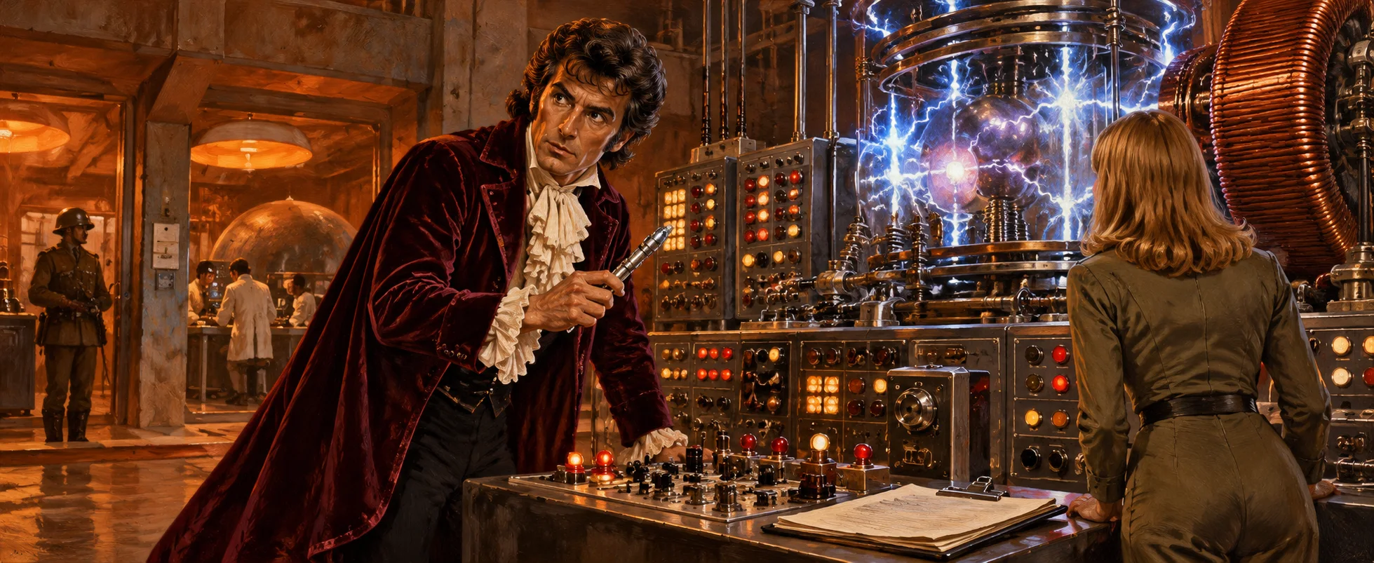 A man in a crimson velvet jacket and ruffled shirt works a sparking control panel in a 1970s laboratory while a woman in a jumpsuit watches.