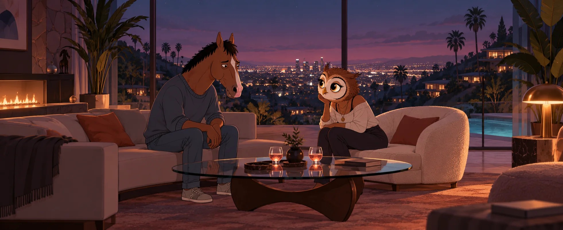 A cartoon horse in a sweater and an owl in a casual top sit across from each other in a glass-walled Hollywood Hills living room at night.