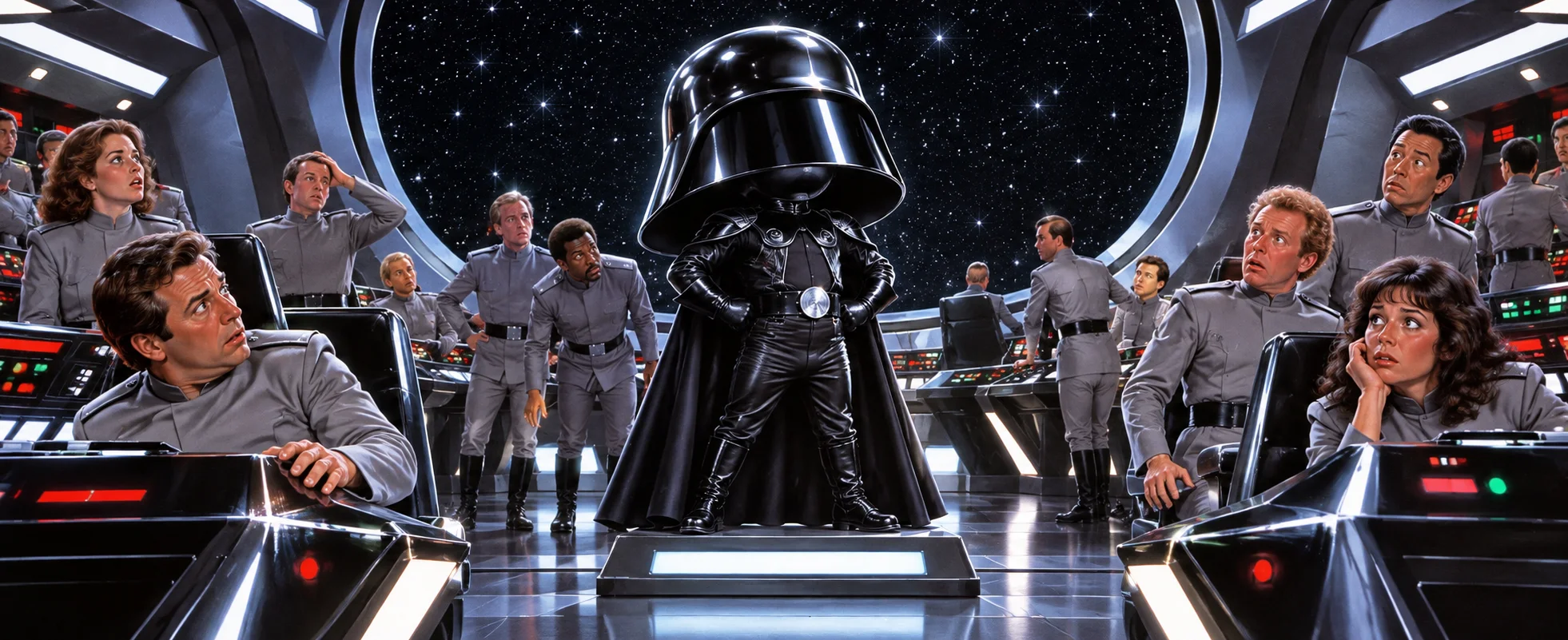 A short man in a huge black bucket helmet with the visor down gloats on the bridge of a starship as officers stare.