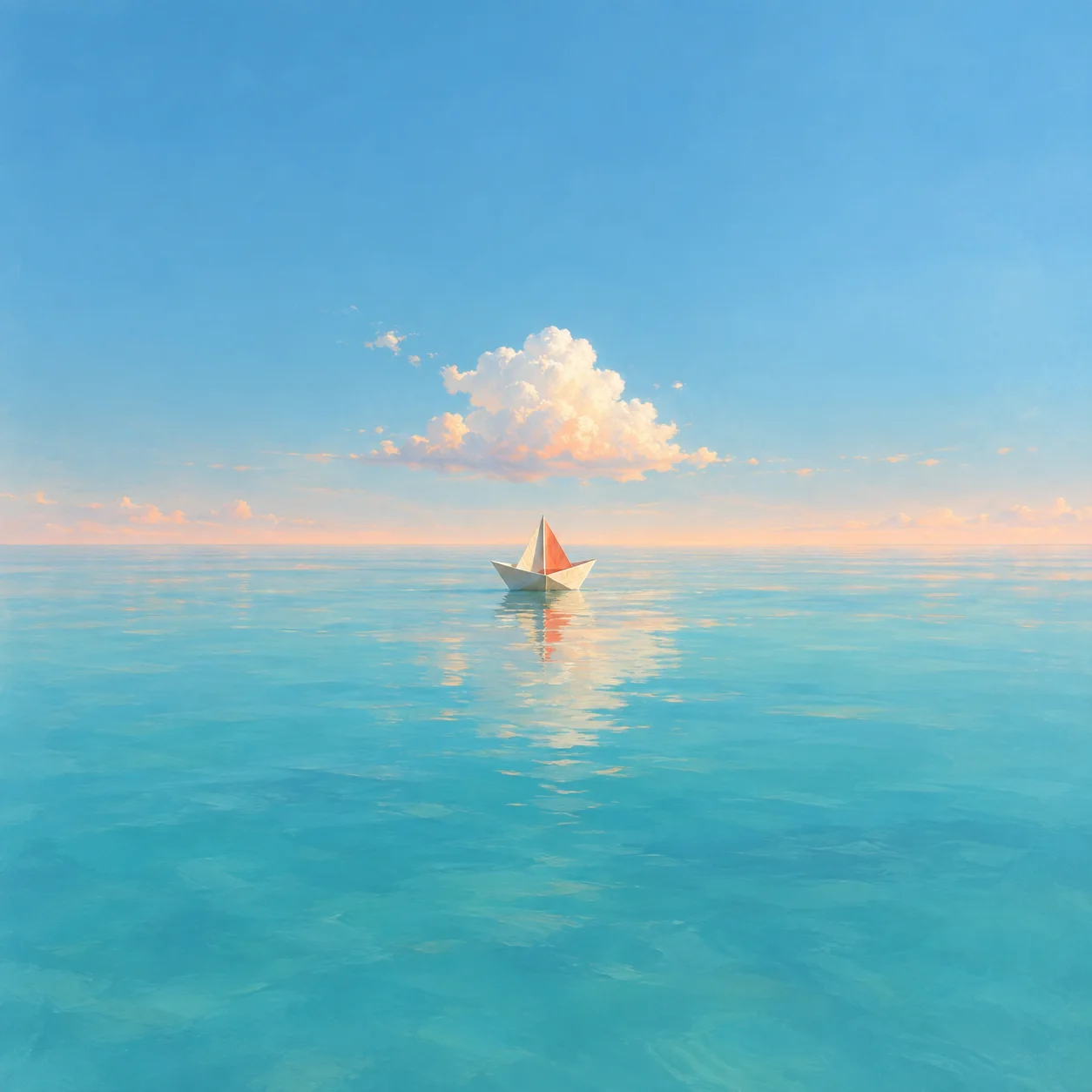 A small paper sailboat on calm turquoise water beneath a white cloud.