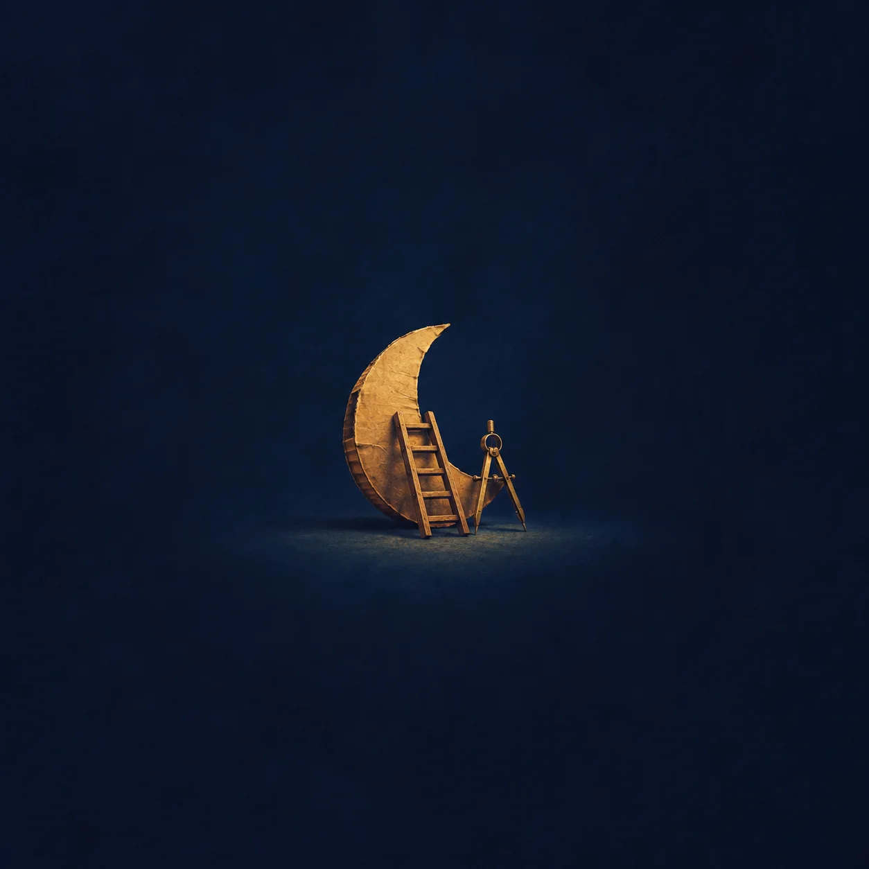 A small wooden ladder leans against a cardboard crescent moon with a brass compass at its base, in navy and saffron tones.
