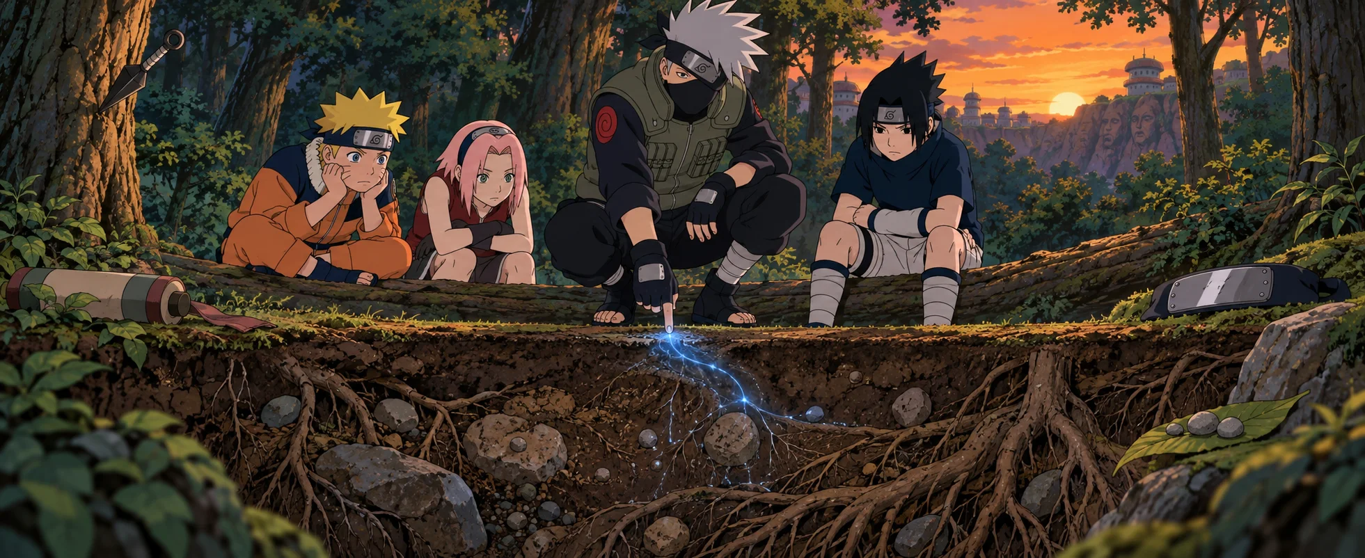 Anime-style illustration of a silver-haired masked ninja crouching with three young students on a forest log at dusk, pointing down at a cut-away of roots and a hidden glowing trace beneath the ground.