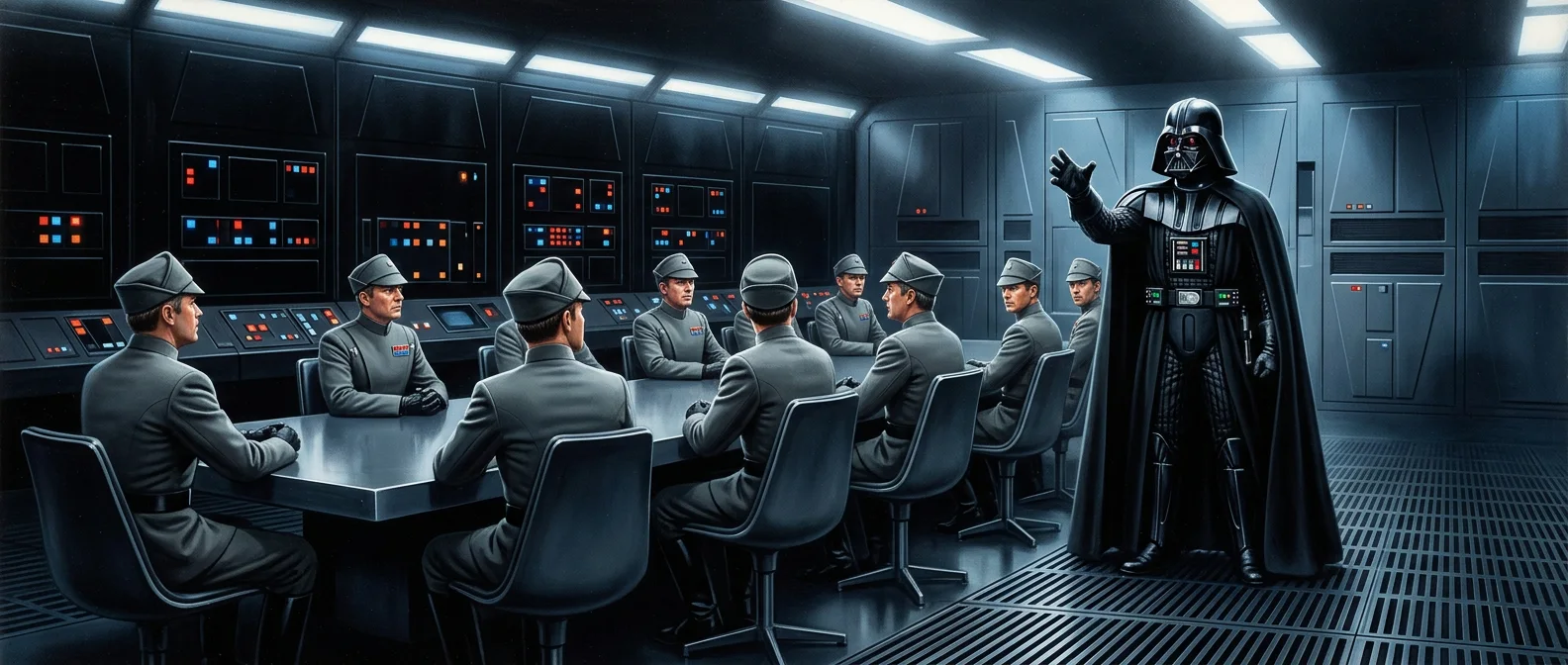 Grey-uniformed officers sit around a long table in a stark Imperial conference room as a towering caped figure in a black helmet raises a gloved hand.