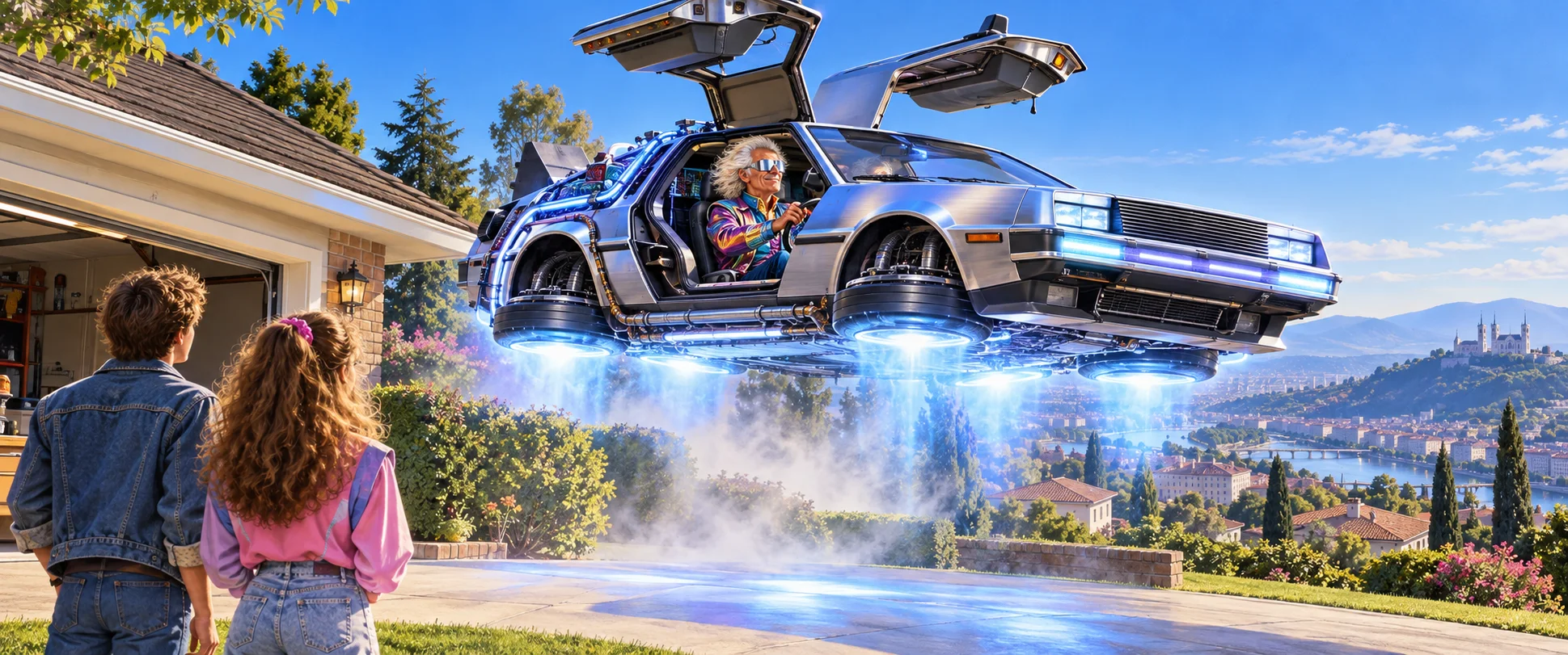 A stainless-steel gull-winged car with a white-haired driver lifts off a suburban driveway on a blue glow, its wheels folded flat, as a teenage couple watches.