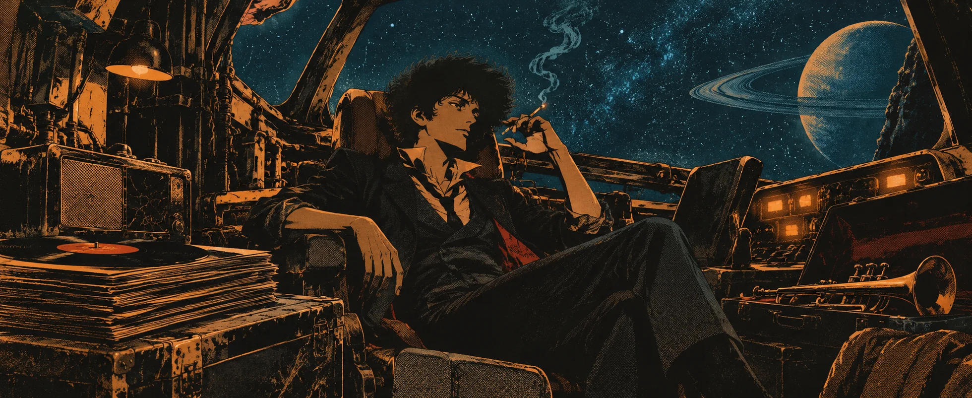 A lanky man lounges in a cluttered spaceship cabin with records and a trumpet, a ringed planet out the window.