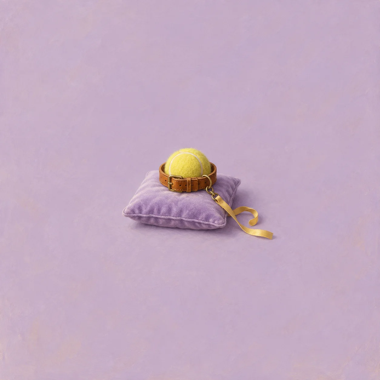 A leather collar around a yellow tennis ball with a ribbon leash on a lilac cushion.
