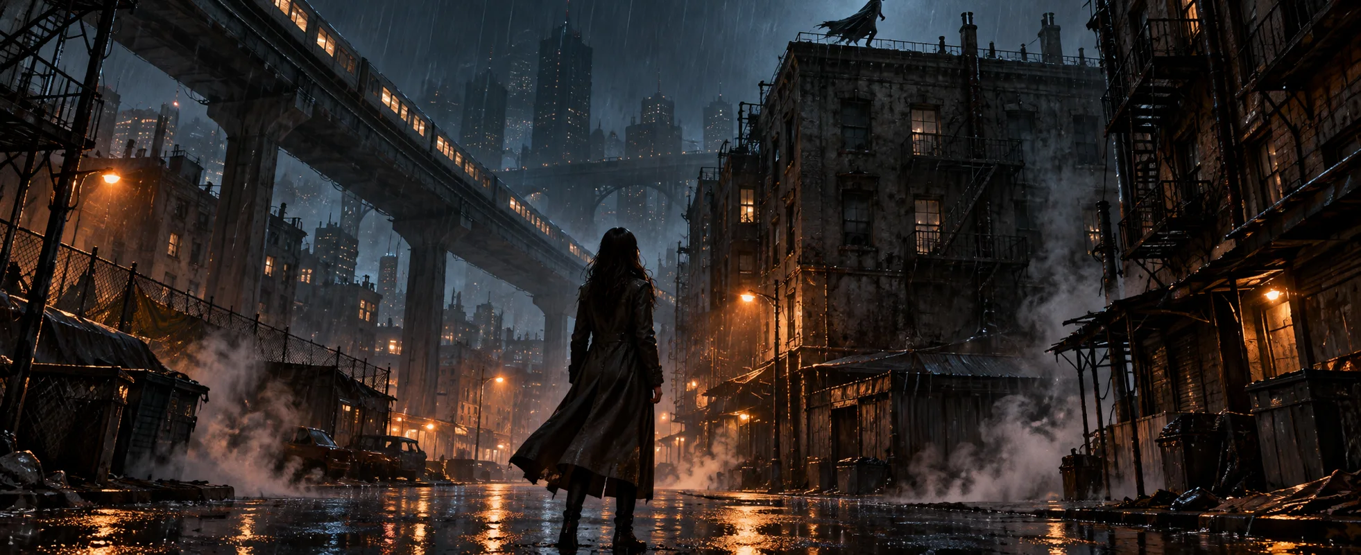 A woman in a long coat stands alone in a rain-soaked slum street under an elevated railway, looking up at an empty rooftop.