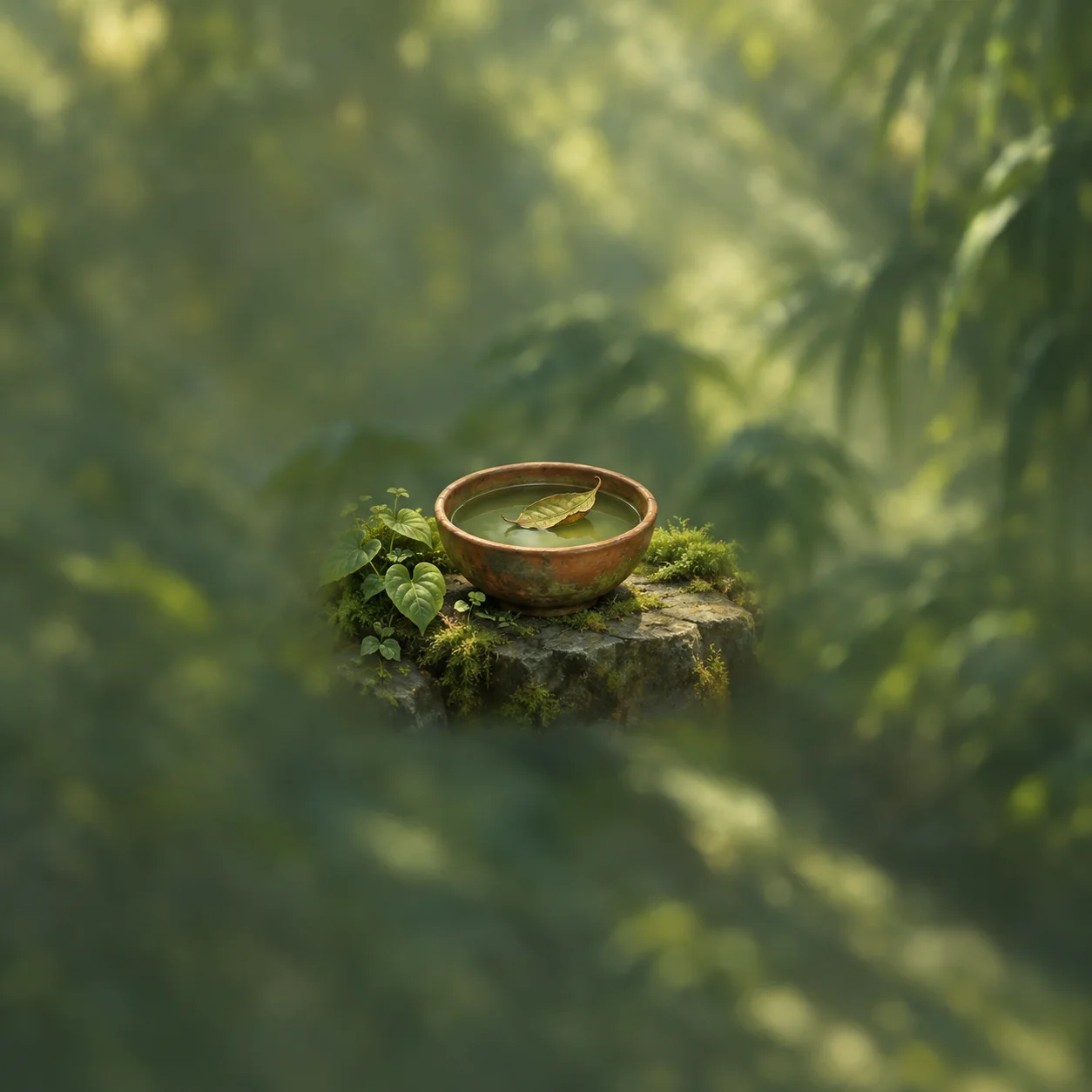 Painterly terracotta bowl of green water with a floating leaf on a mossy forest ledge.