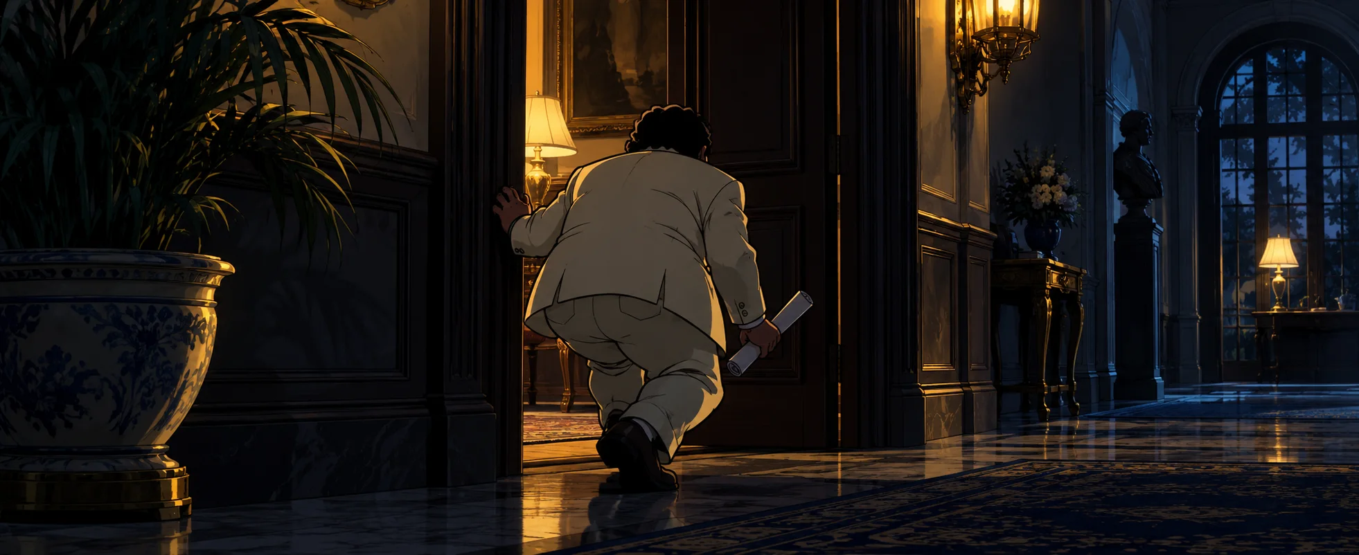 A man in a white suit creeps sneakily through a doorway in a dark mansion hallway, a rolled paper in his hand.
