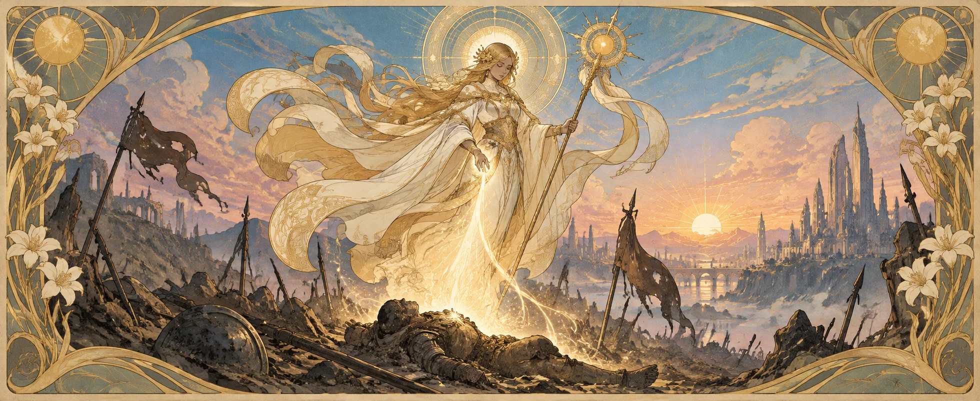 A radiant winged healer in gold raises her staff over a battlefield, framed in art-nouveau gold.