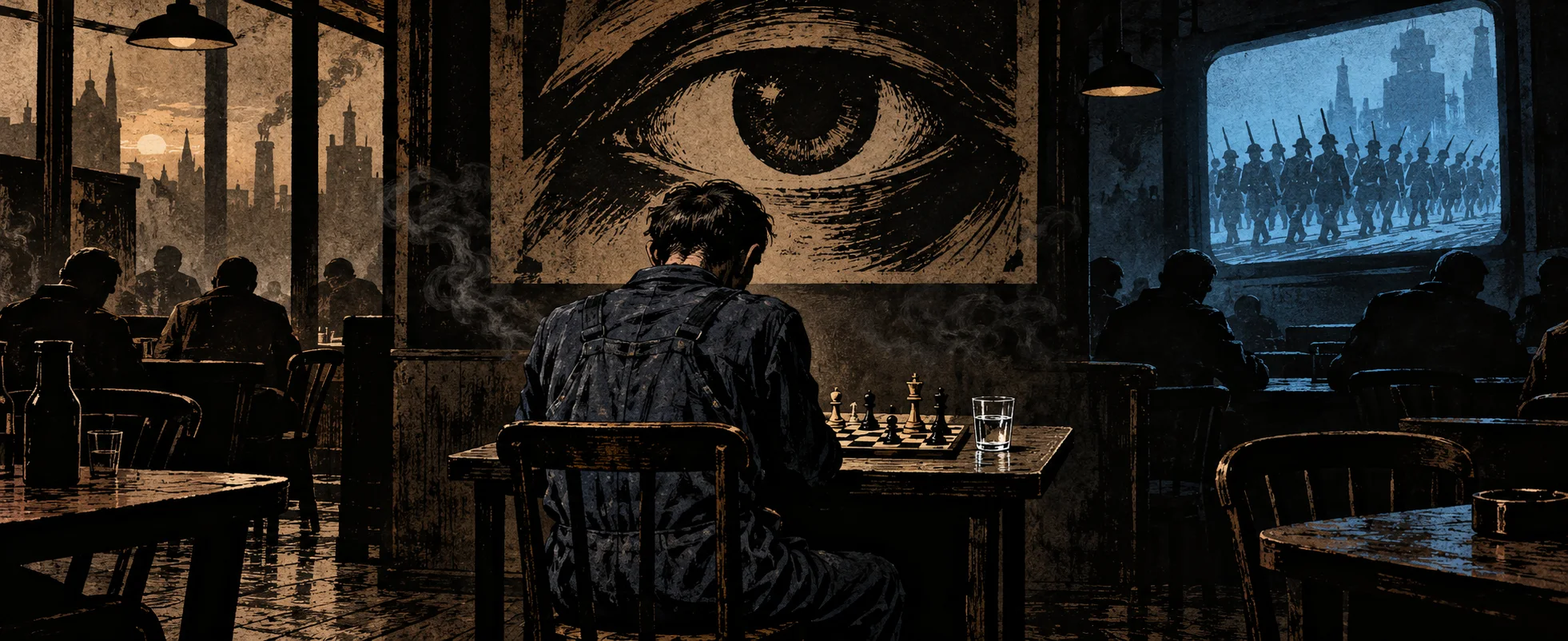 A lone man sits at a chessboard with a glass of gin in a smoky café under a giant poster of a single watching eye and a telescreen of marching ranks.