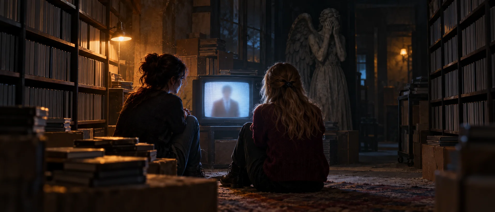 Two young women sit on the floor of a dusty back room watching a blurry figure on a small old television while a weeping stone angel looms behind them.