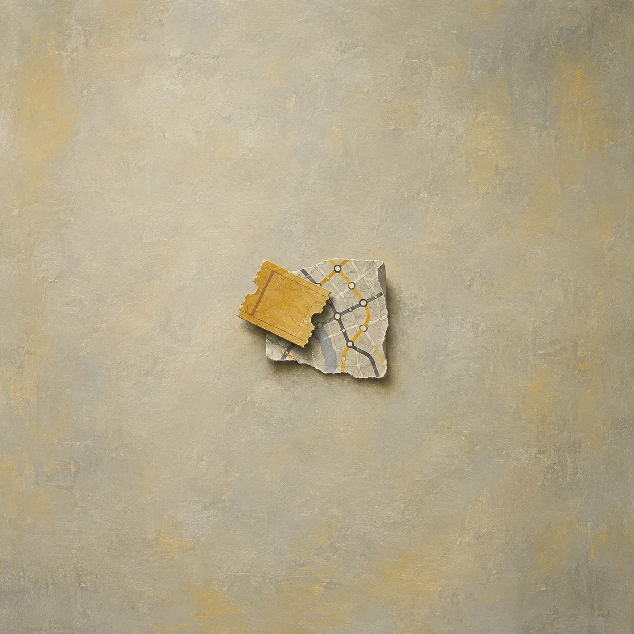 A yellow ticket stub rests on a torn fragment of a grey transit map.