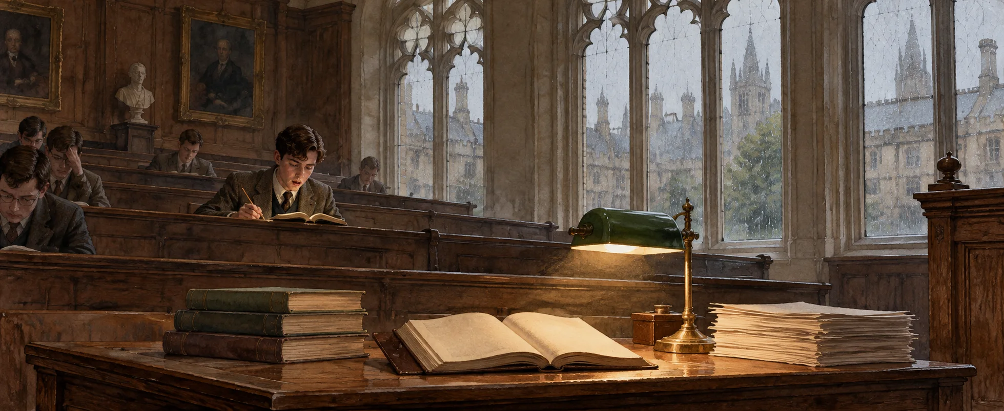 Painterly illustration of a wood-panelled Oxford lecture hall with tall gothic windows, a young man in a tweed jacket reading at a back bench, books open on the lectern in front.