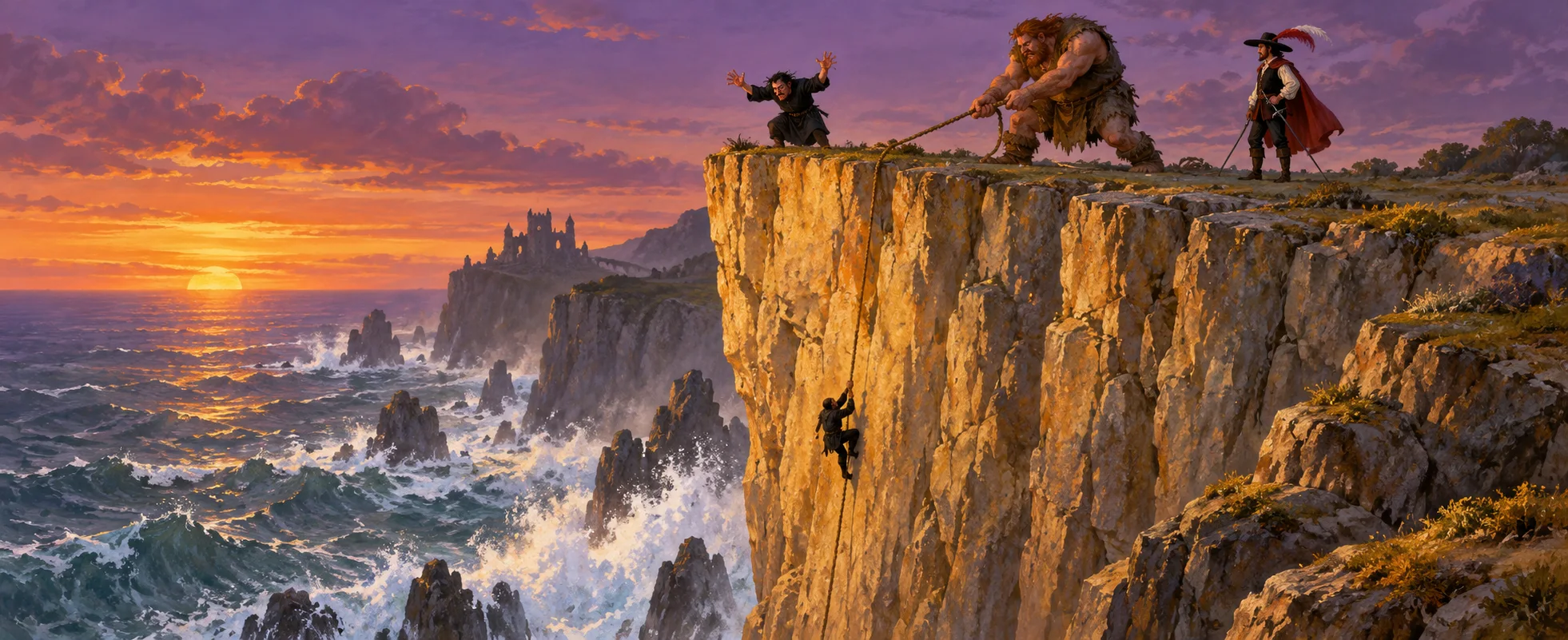 At the top of a sheer sea cliff at sunset, a small furious man throws up his arms beside a giant and a swordsman while a figure in black climbs the rope far below.