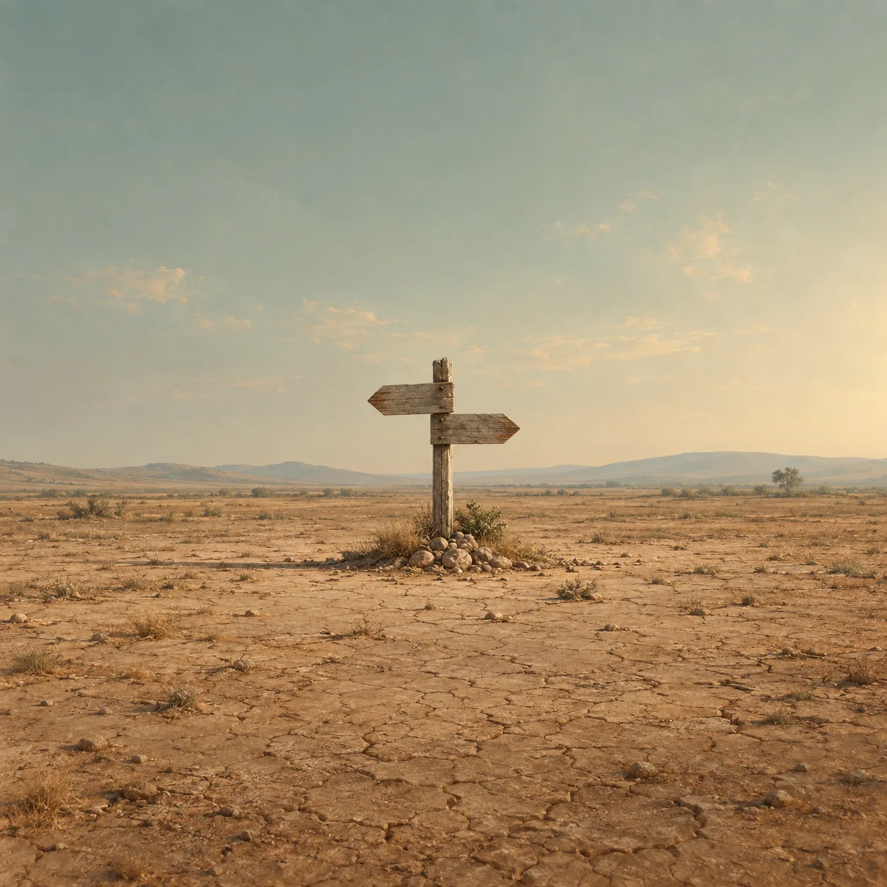 Painterly weathered signpost with opposing blank arrows in cracked dry ground.