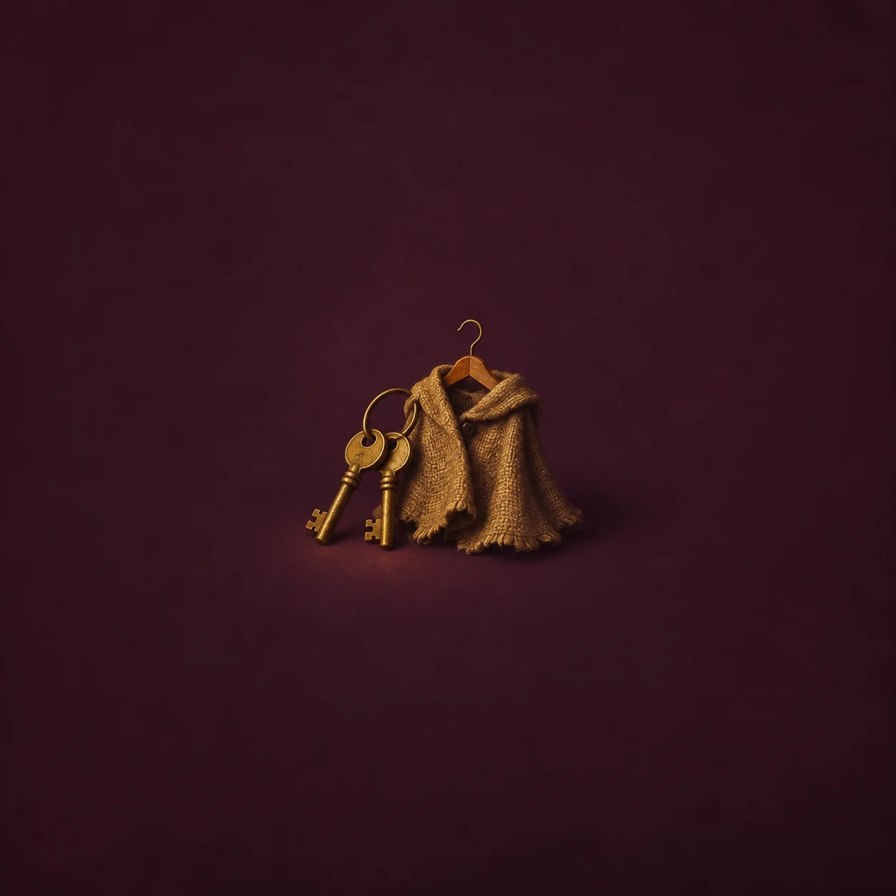 Brass keys lean beside a rough burlap cloak on a wooden hanger against dark plum.