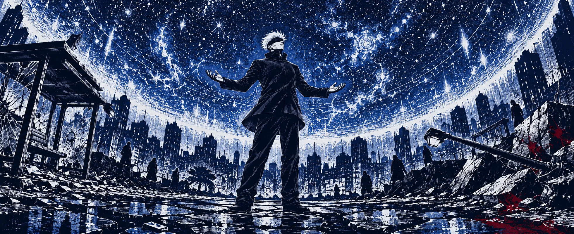 A white-haired sorcerer in black spreads his arms beneath a vast star-filled dome over a ruined city.