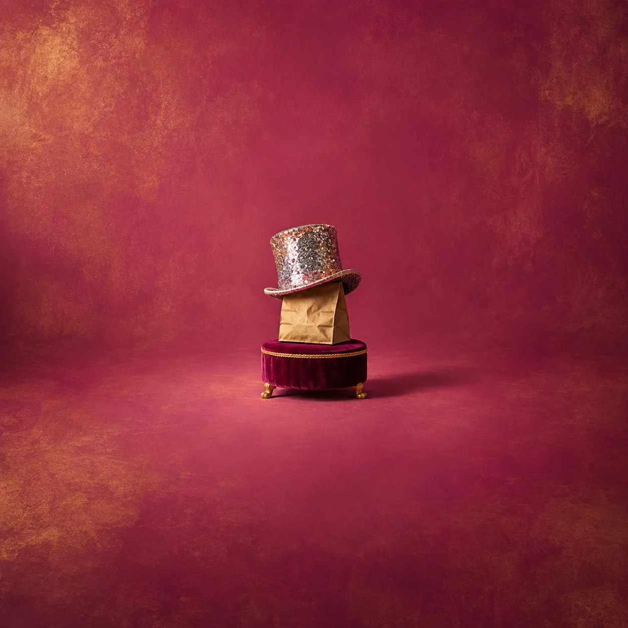 A sparkling silver top hat sits over a brown paper bag on a small red velvet stand against magenta.