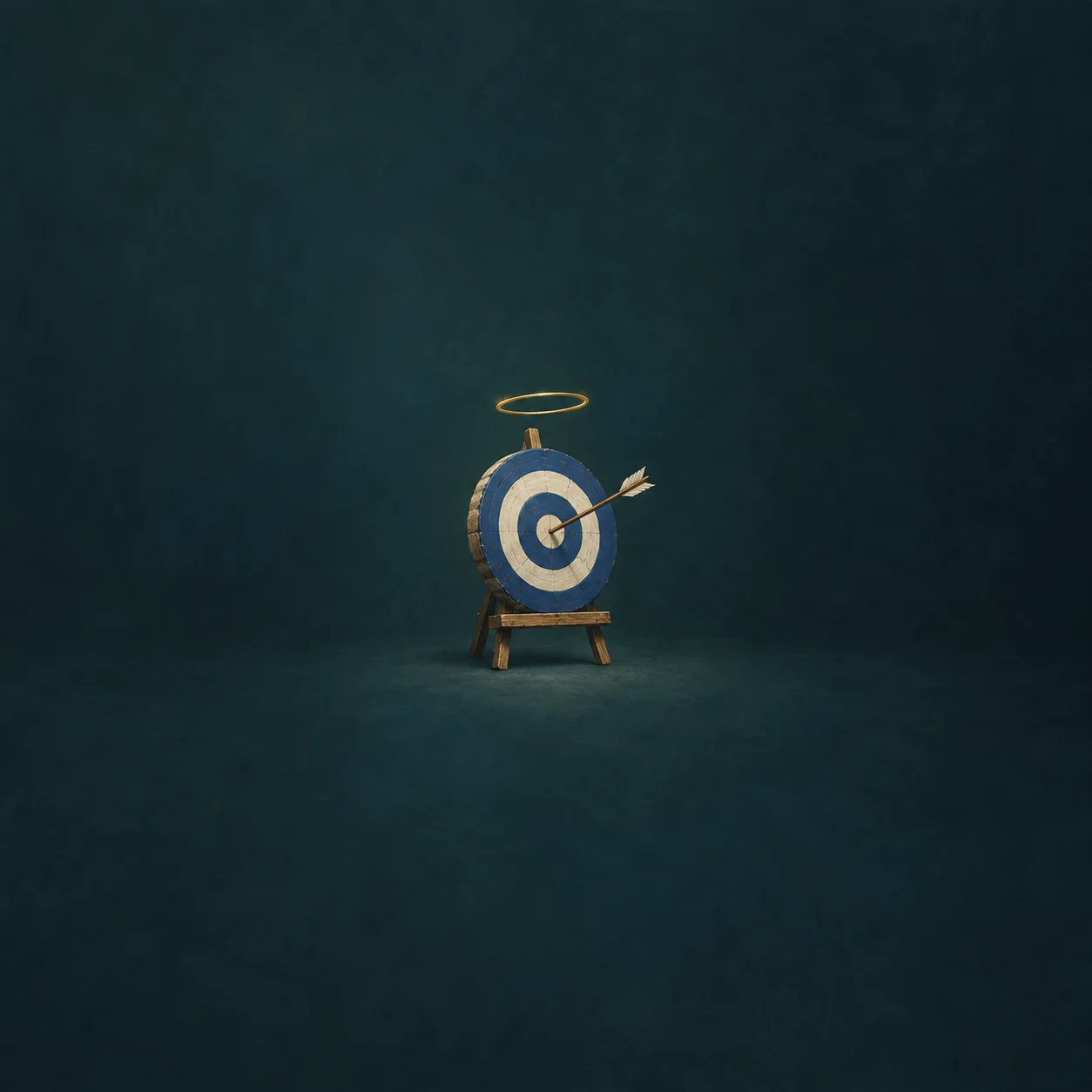 A small archery target on an easel with one arrow in it and a gold ring floating above, on a teal background.