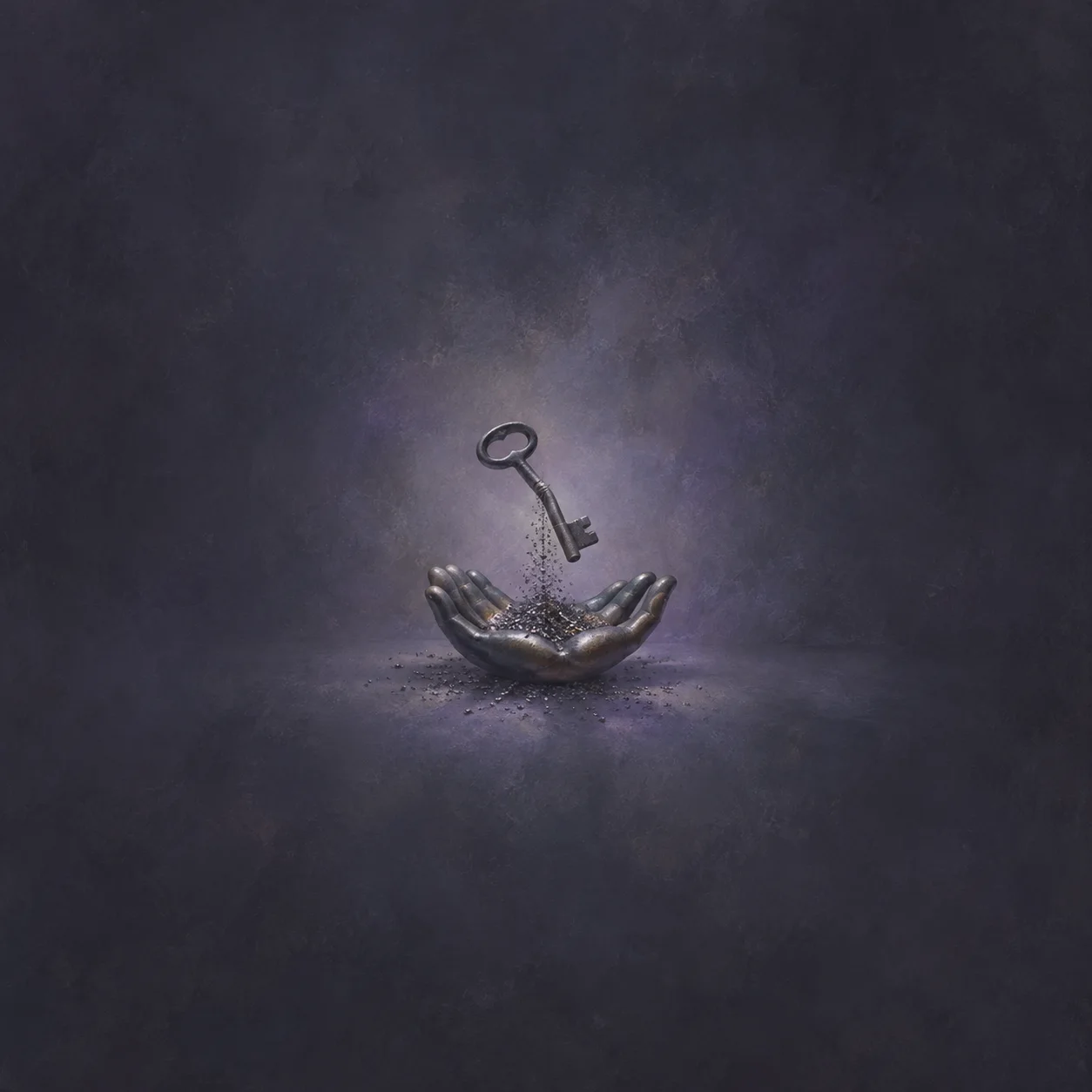 Painterly iron key floating above cupped metallic hands with dark filings scattered below.