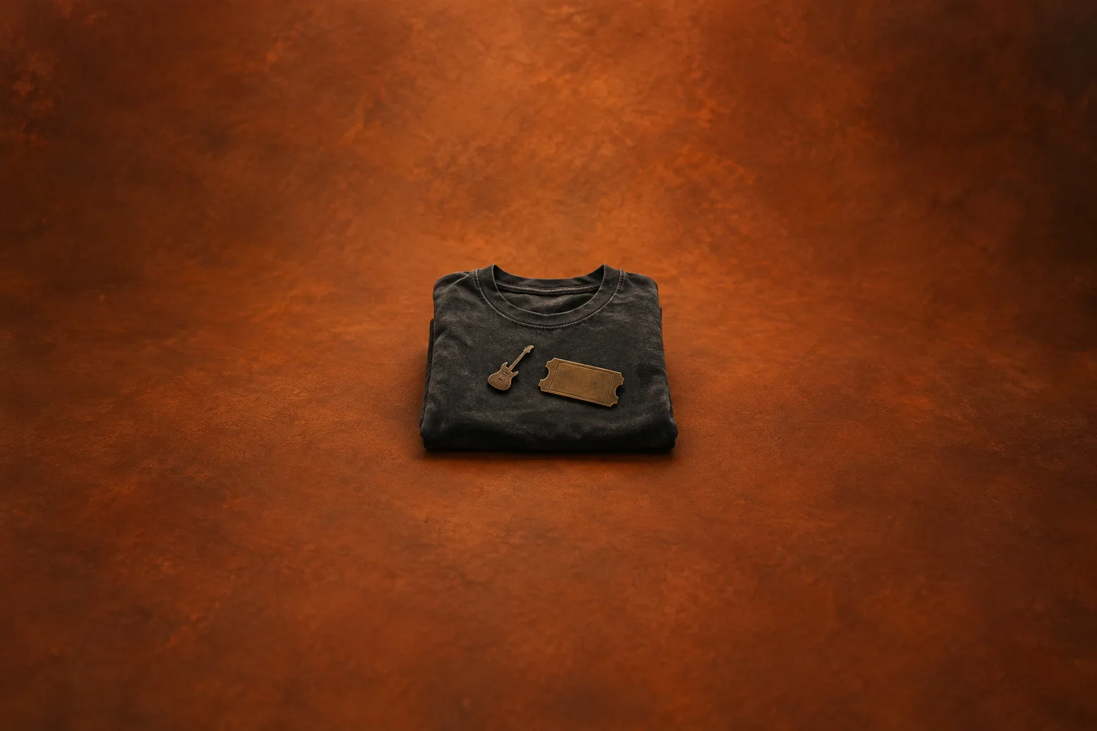 A folded black T-shirt with a small brass guitar pin and a blank concert ticket token against burnt orange.