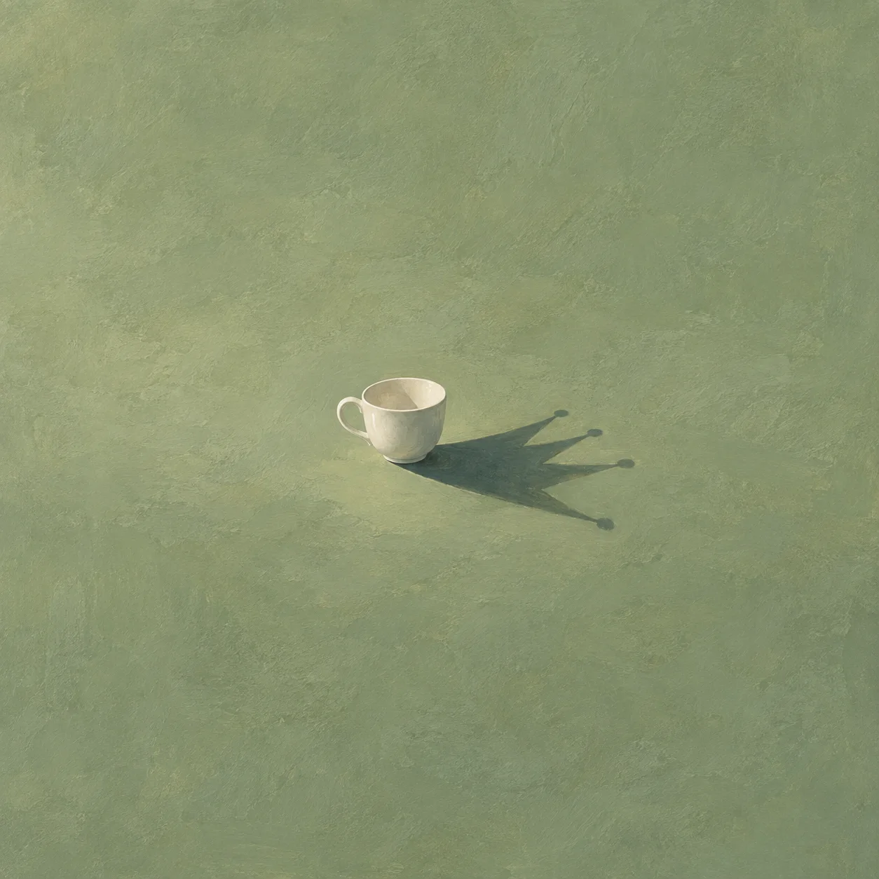 A white cup casting a jagged crown-shaped shadow on a sage-green surface.