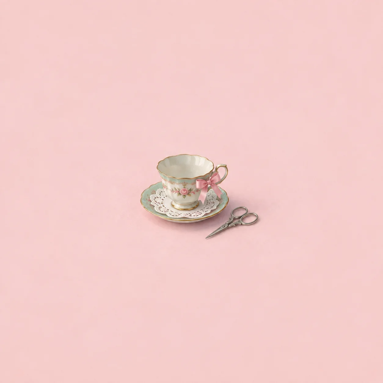 A floral porcelain teacup with a pink bow sits on a saucer beside small silver scissors.
