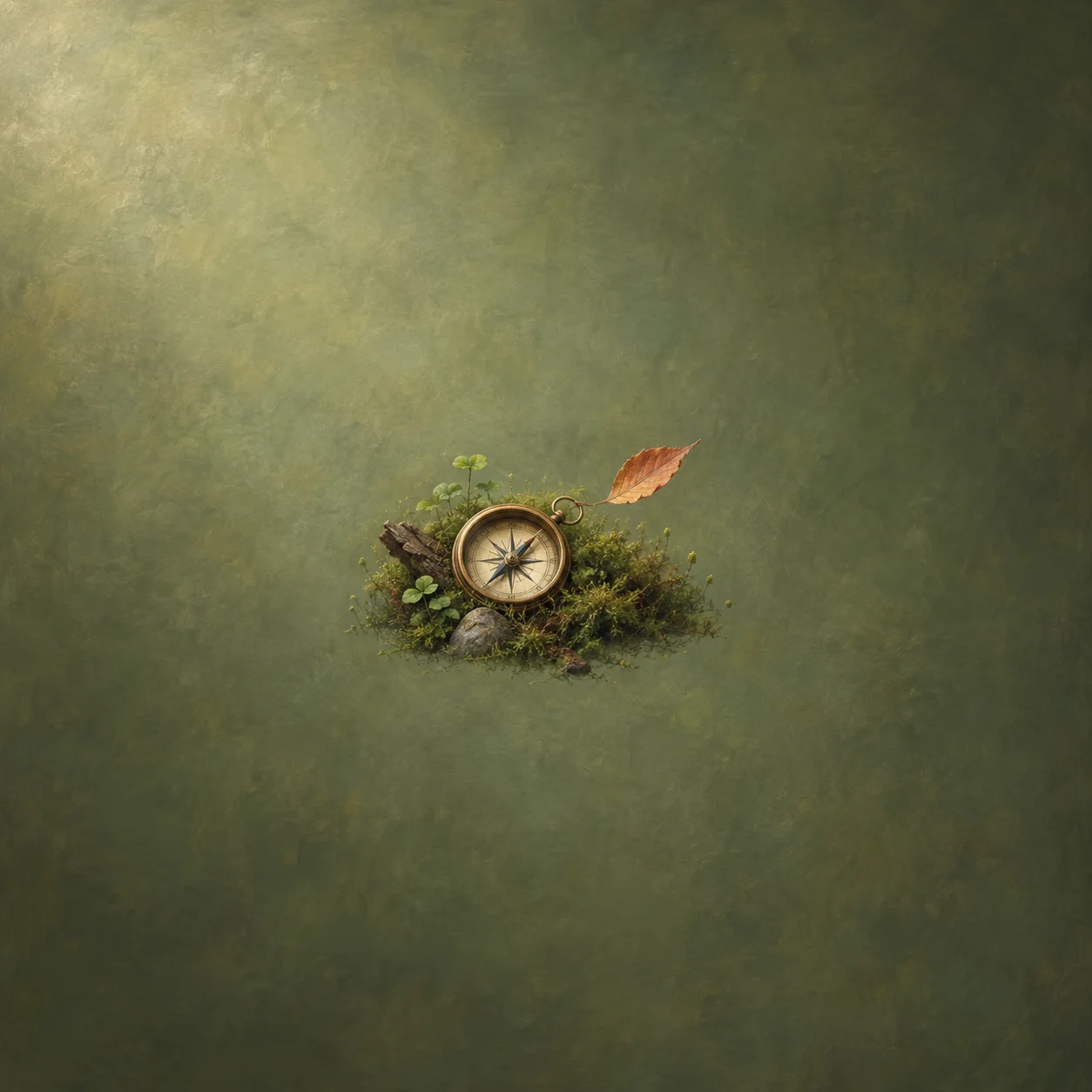 A brass compass rests in moss beside a drifting copper-brown leaf against olive green.