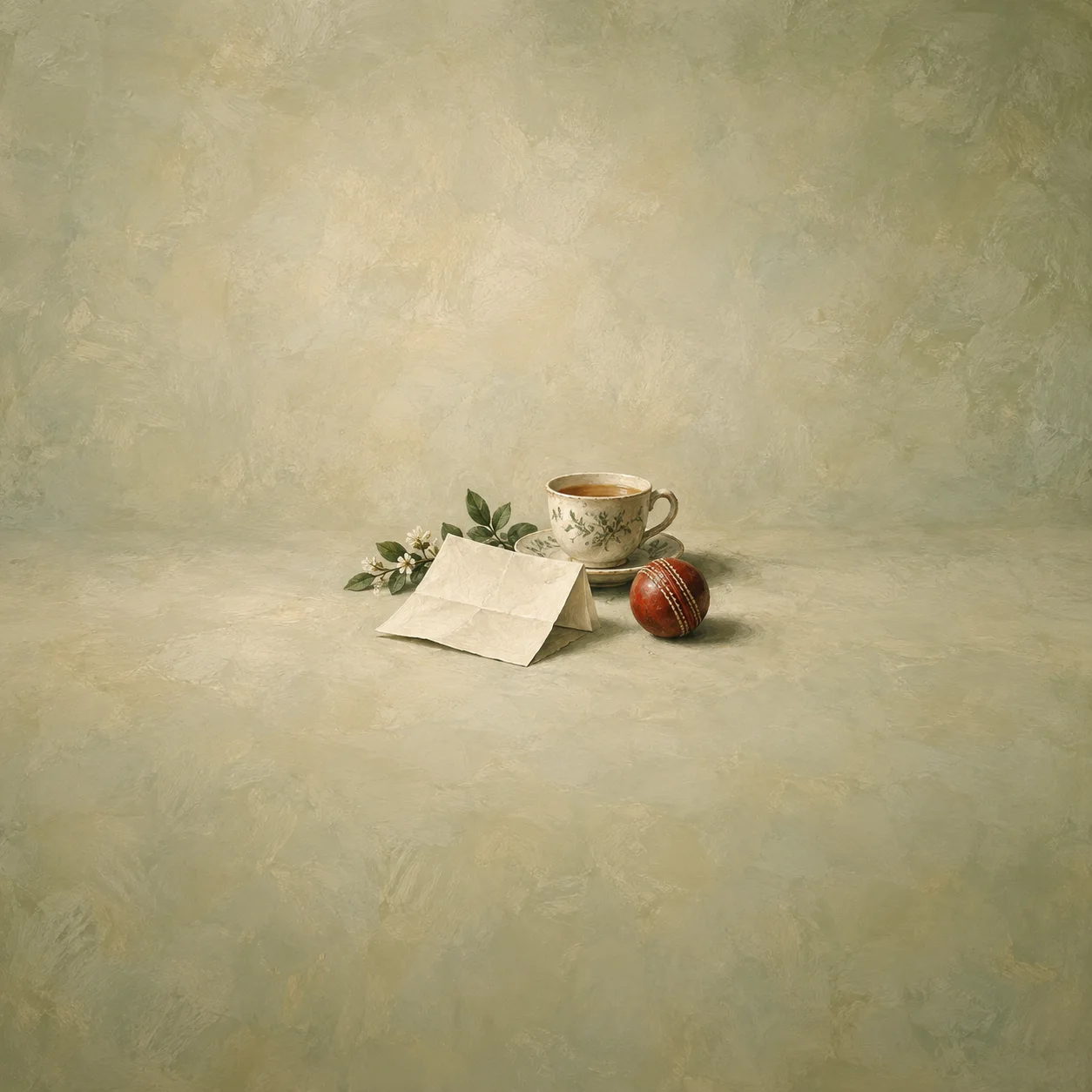 A blank folded paper rests beside a floral teacup, a red cricket ball and a green sprig.