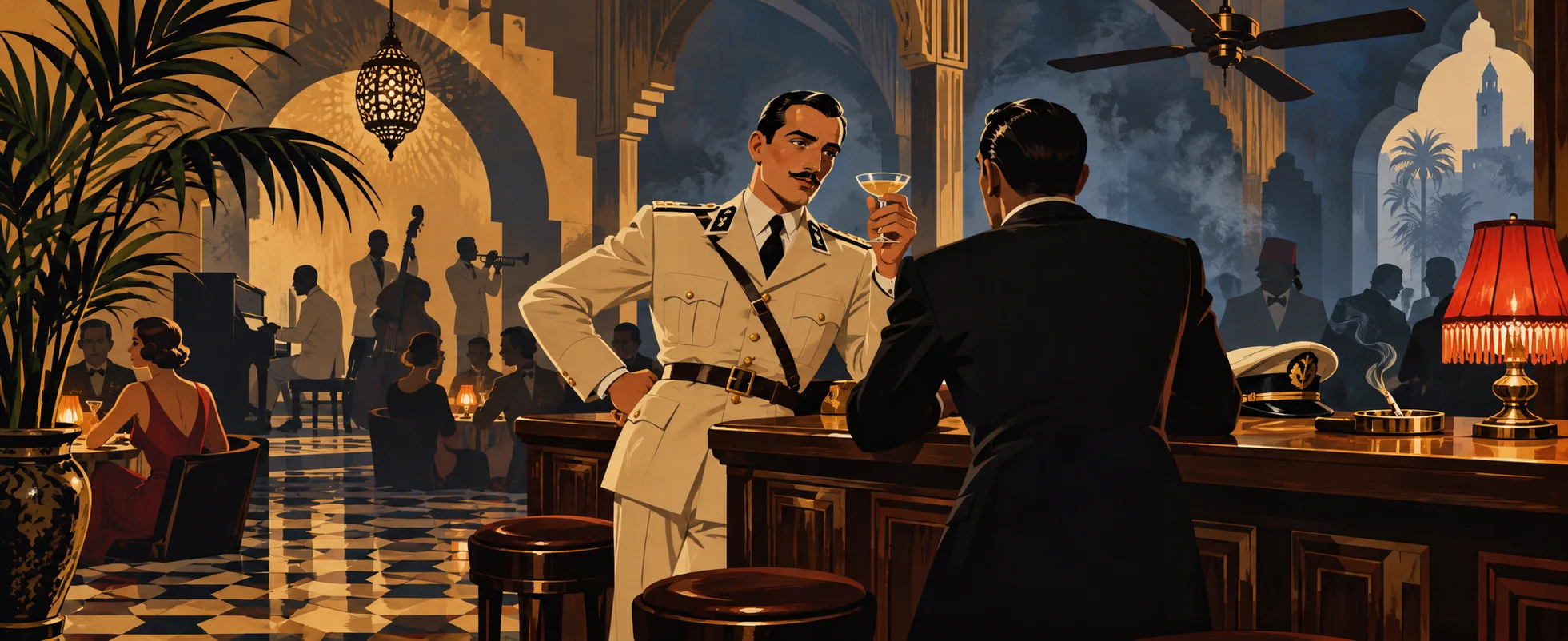 A police captain in a white uniform sips a drink at the bar of a smoky Moroccan nightclub.