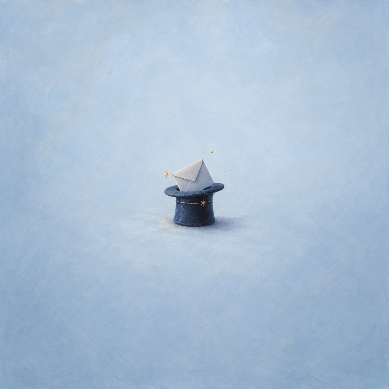 A navy top hat with a gray envelope emerging from it and tiny golden sparks against a pale blue background.