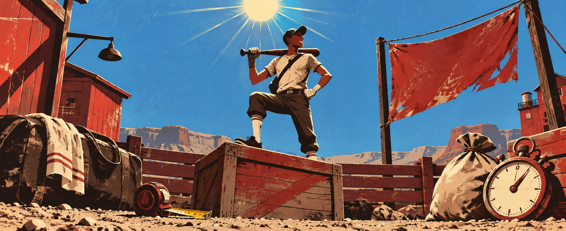 A scrappy young scout with a bat on his shoulder stands on a crate in a sun-baked desert base under a red flag.