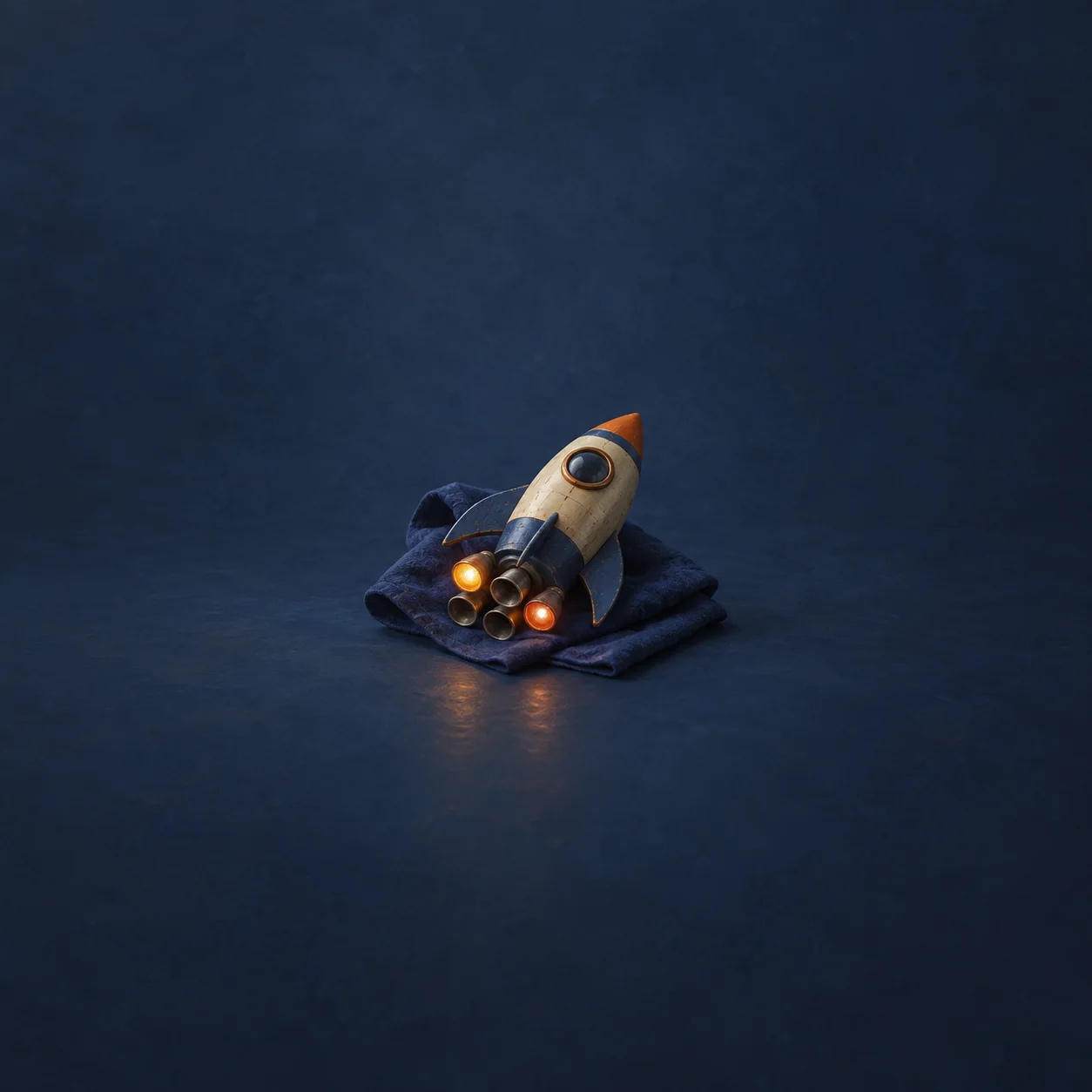 A toy rocket with several engine nozzles, two glowing orange, resting on folded navy cloth.