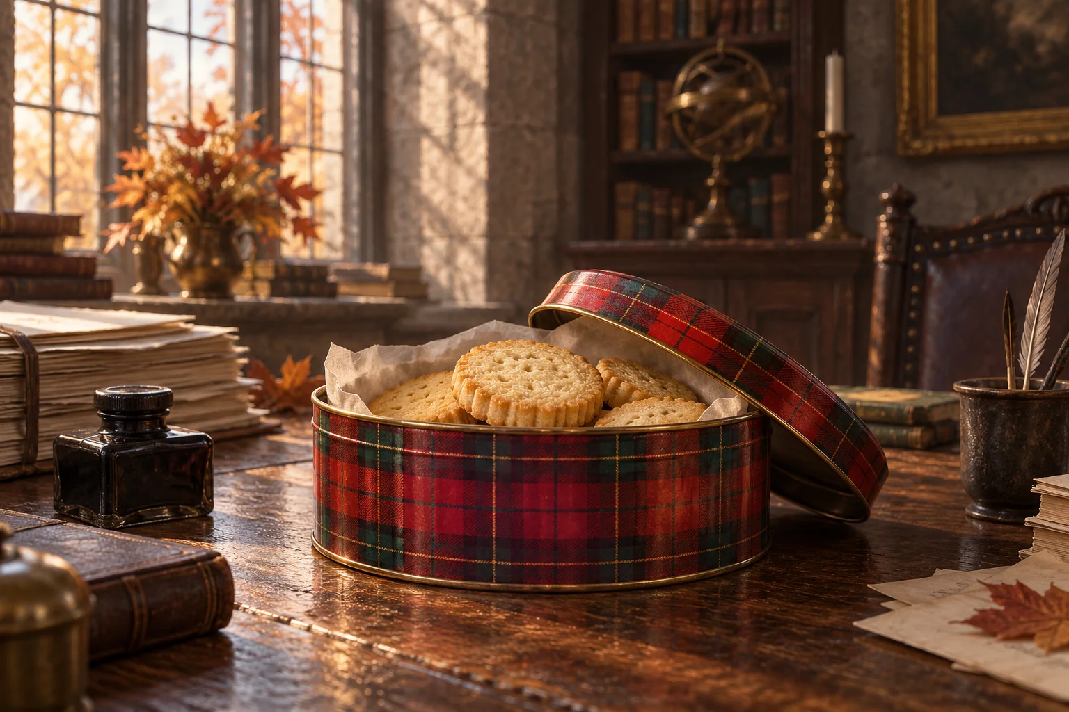 An open tartan biscuit tin with golden shortbread sits on an old desk beside stacked papers and an ink bottle.